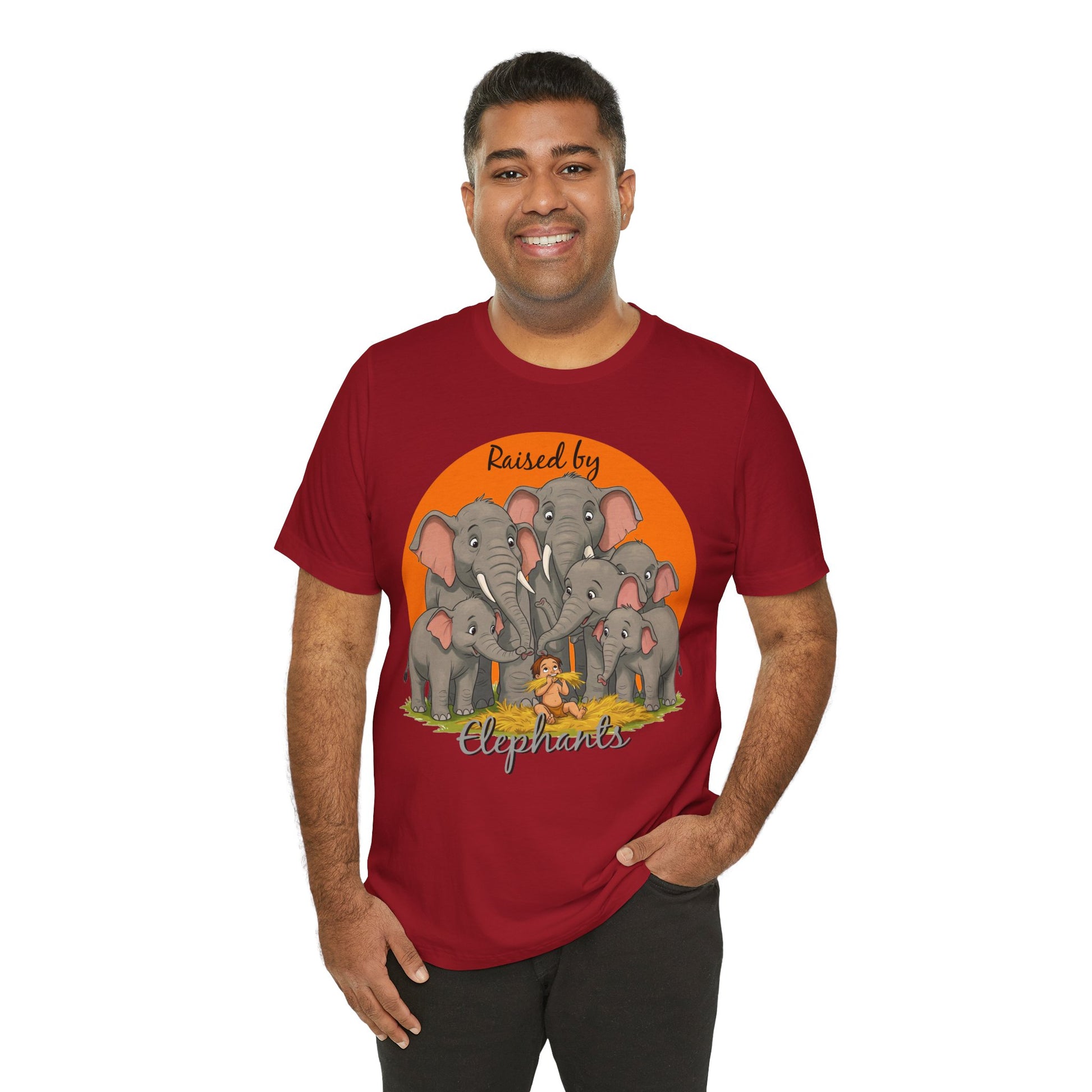 Elephant Lovers Tee - Funny 'Raised by Elephants' Unisex Jersey Short Sleeve Shirt - Wildlife and Nature Lovers Shirt (Male Character Version) - Schmartypants