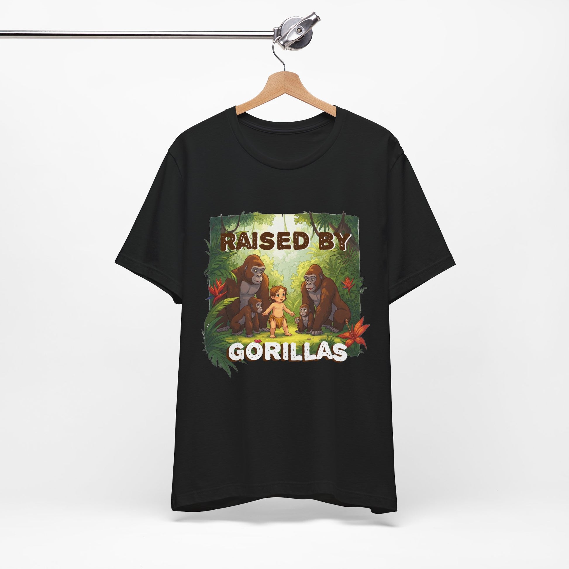 Hilarious 'Raised by Gorillas' Unisex T-Shirt - Funny Animal Lover Gift (male character version) - Schmartypants