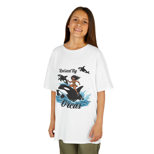 Funny 'Raised by Orcas' Whale-Themed Kids Tee | Fun & Playful Shirt for Ocean Lovers, Birthday Gift, Summer Outing, Beach Day, Adventure Shirt