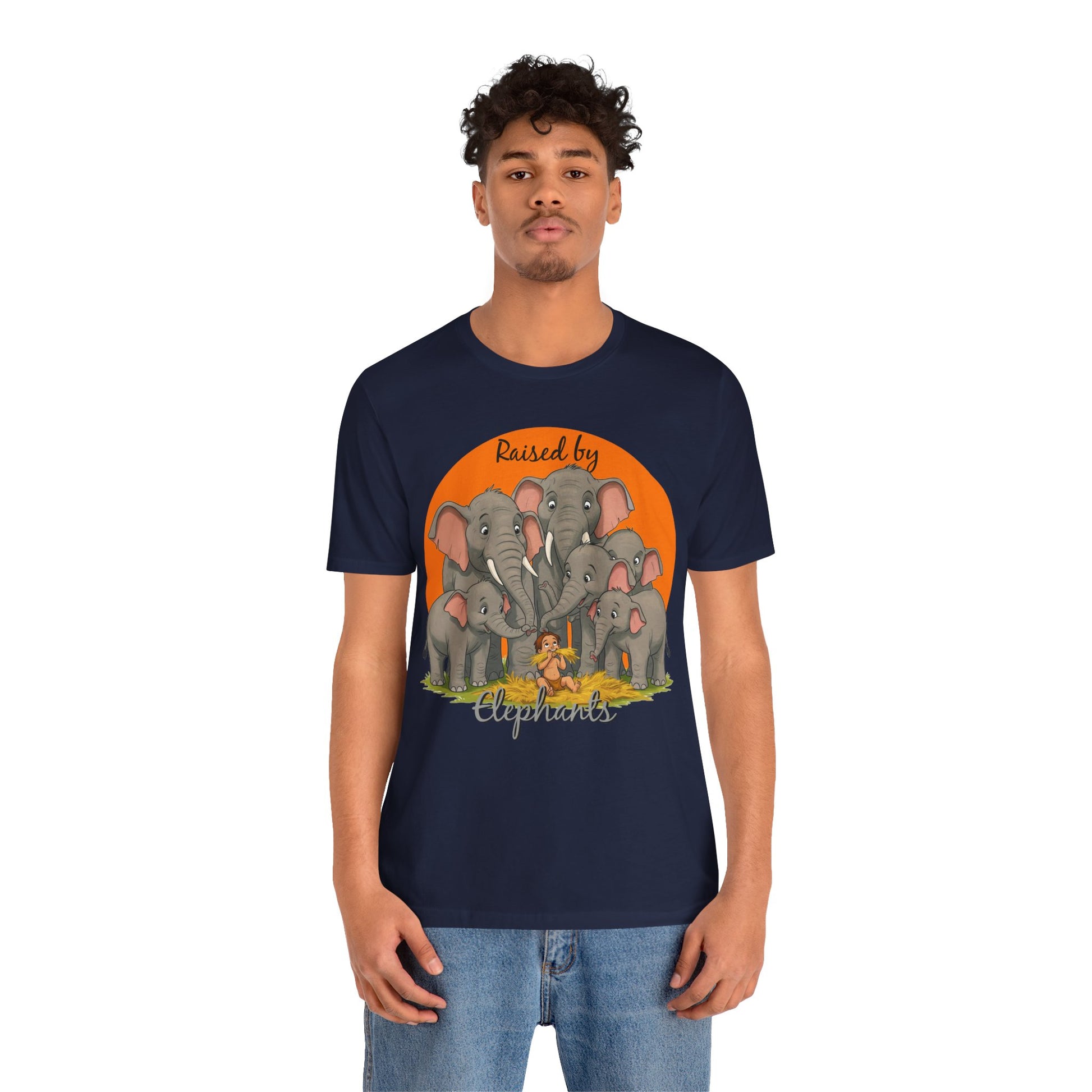 Elephant Lovers Tee - Funny 'Raised by Elephants' Unisex Jersey Short Sleeve Shirt - Wildlife and Nature Lovers Shirt (Male Character Version) - Schmartypants