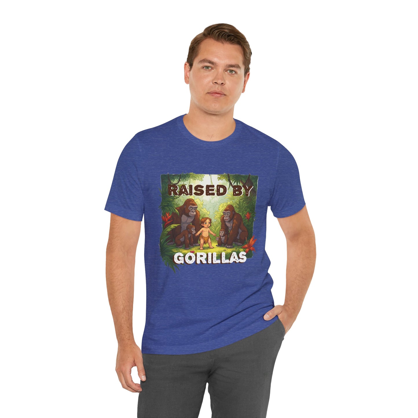 Hilarious 'Raised by Gorillas' Unisex T-Shirt - Funny Animal Lover Gift (male character version) - Schmartypants