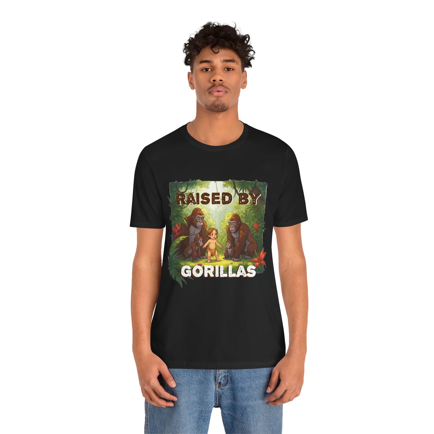 Hilarious 'Raised by Gorillas' Unisex T-Shirt - Funny Animal Lover Gift (male character version) - Schmartypants