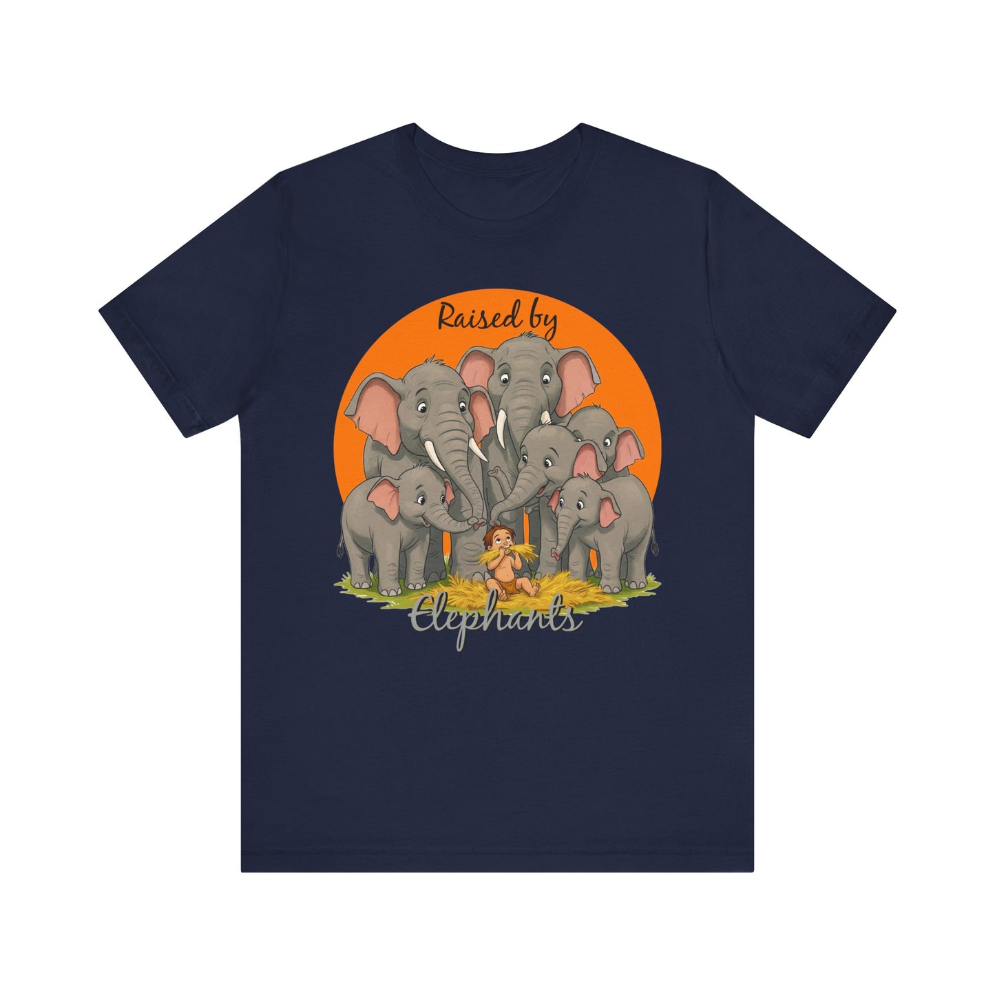 Elephant Lovers Tee - Funny 'Raised by Elephants' Unisex Jersey Short Sleeve Shirt - Wildlife and Nature Lovers Shirt (Male Character Version) - Schmartypants