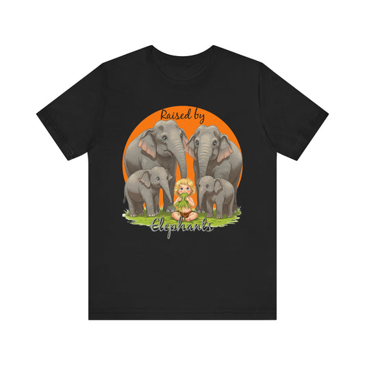 Funny Raised by Elephants Unisex Short Sleeve Tee - Perfect for Animal Lovers, Wildlife Fans (Women's Character version) - Schmartypants