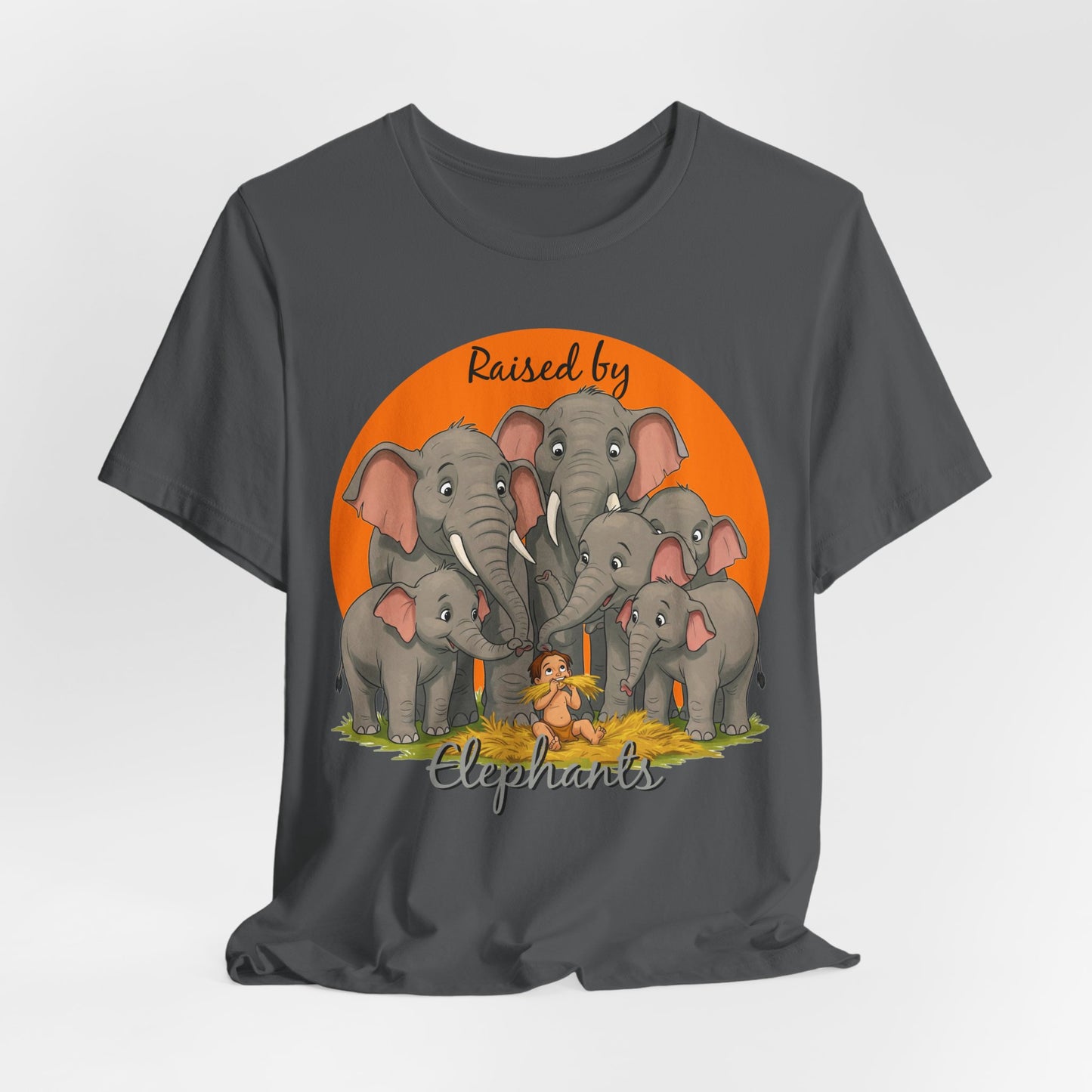 Elephant Lovers Tee - Funny 'Raised by Elephants' Unisex Jersey Short Sleeve Shirt - Wildlife and Nature Lovers Shirt (Male Character Version) - Schmartypants