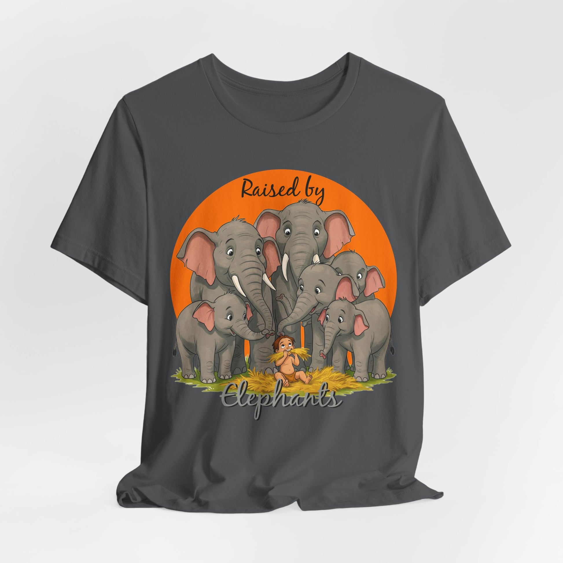 Elephant Lovers Tee - Funny 'Raised by Elephants' Unisex Jersey Short Sleeve Shirt - Wildlife and Nature Lovers Shirt (Male Character Version) - Schmartypants