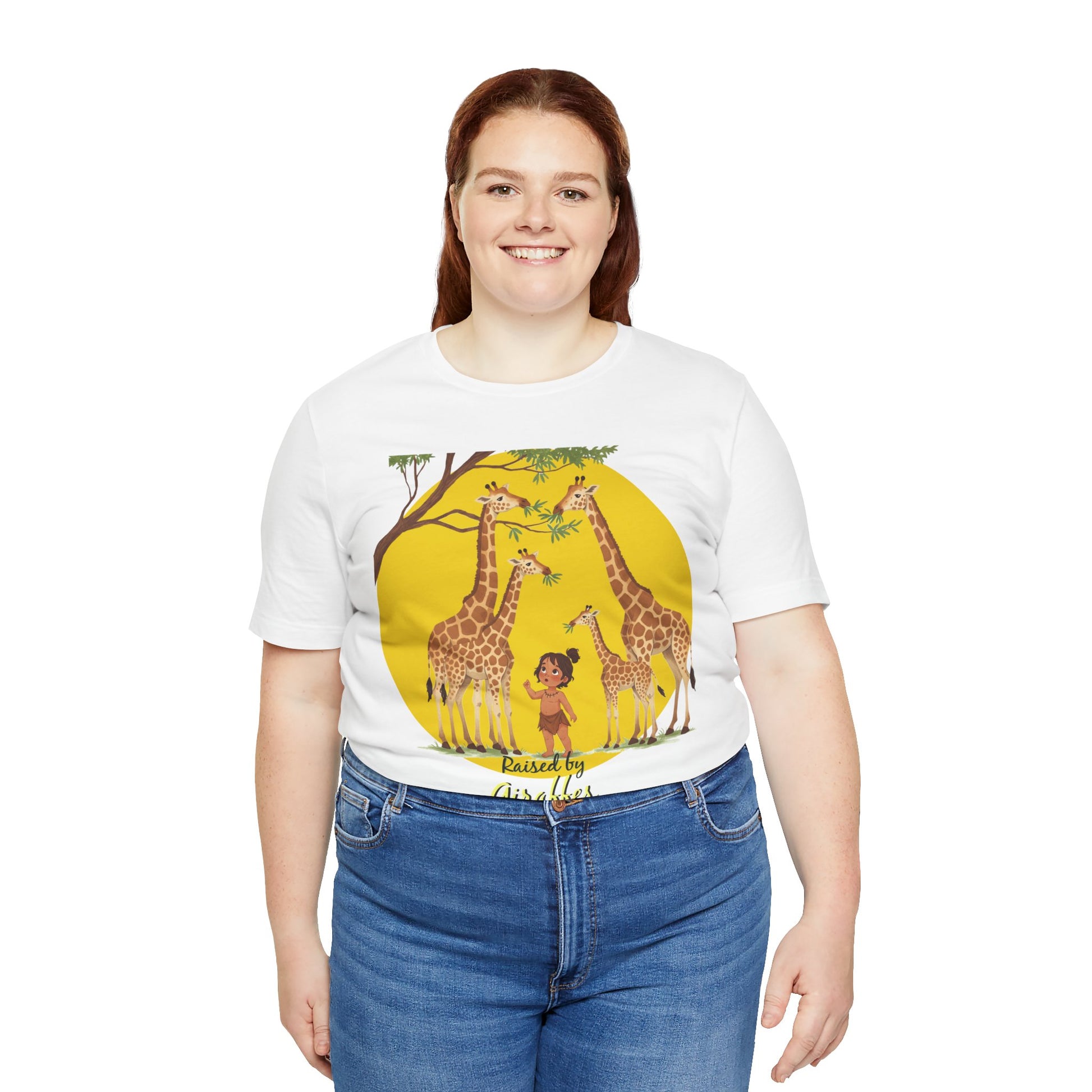 Raised by Giraffes Unisex T-Shirt - Funny Animal Lover Tee - Giraffe Lovers, Wildlife Enthusiasts (Female Character) - Schmartypants