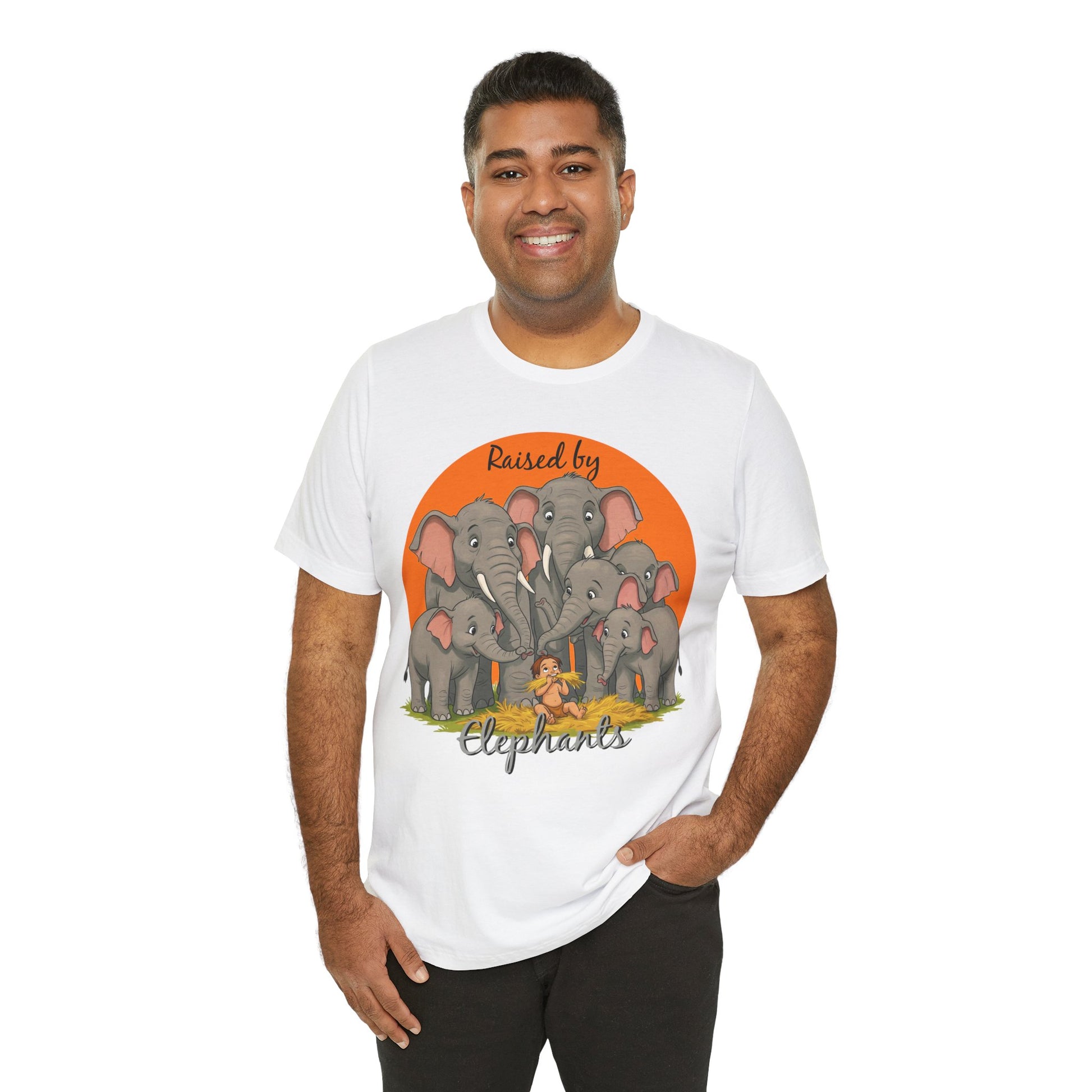 Elephant Lovers Tee - Funny 'Raised by Elephants' Unisex Jersey Short Sleeve Shirt - Wildlife and Nature Lovers Shirt (Male Character Version) - Schmartypants