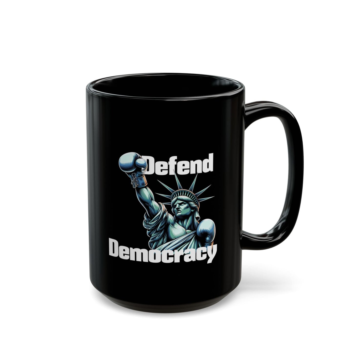 Defend Democracy Black Mug - Lady Liberty Ceramic Activist Coffee Tea Cup
