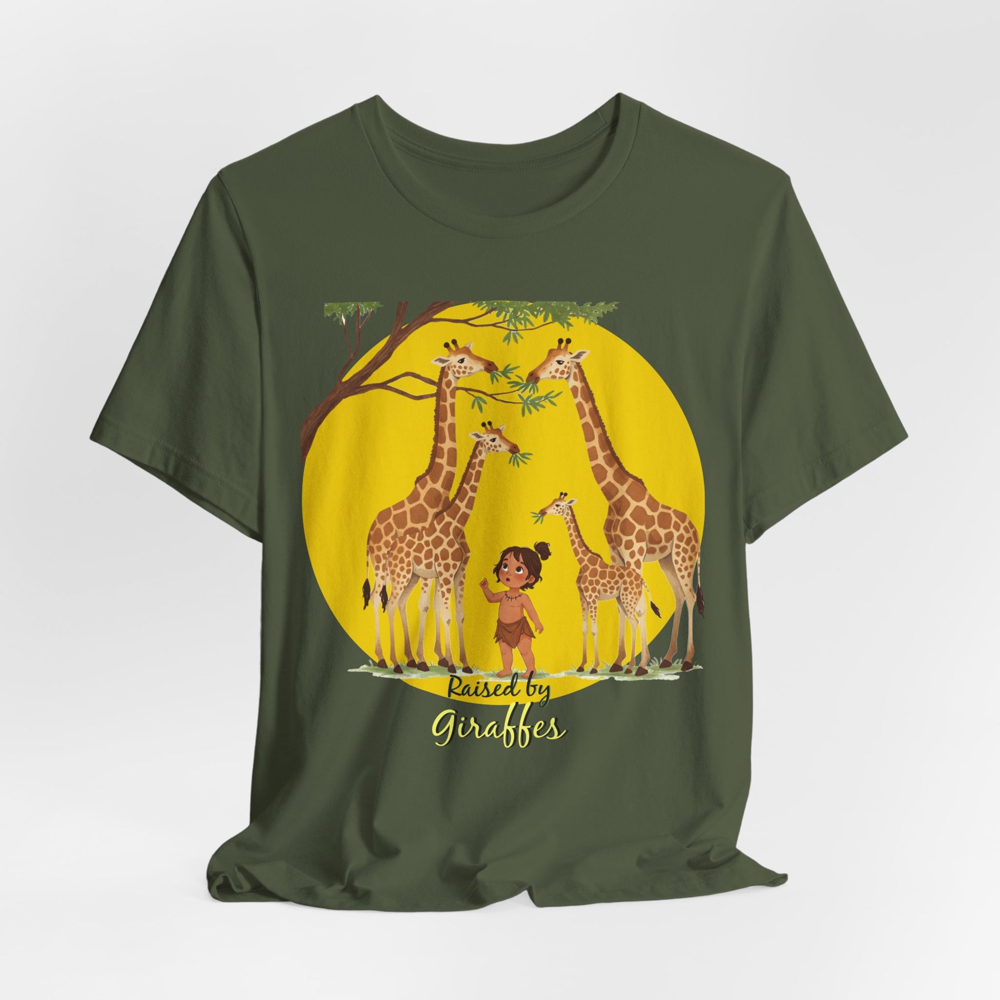 Raised by Giraffes Unisex T-Shirt - Funny Animal Lover Tee - Giraffe Lovers, Wildlife Enthusiasts (Female Character) - Schmartypants