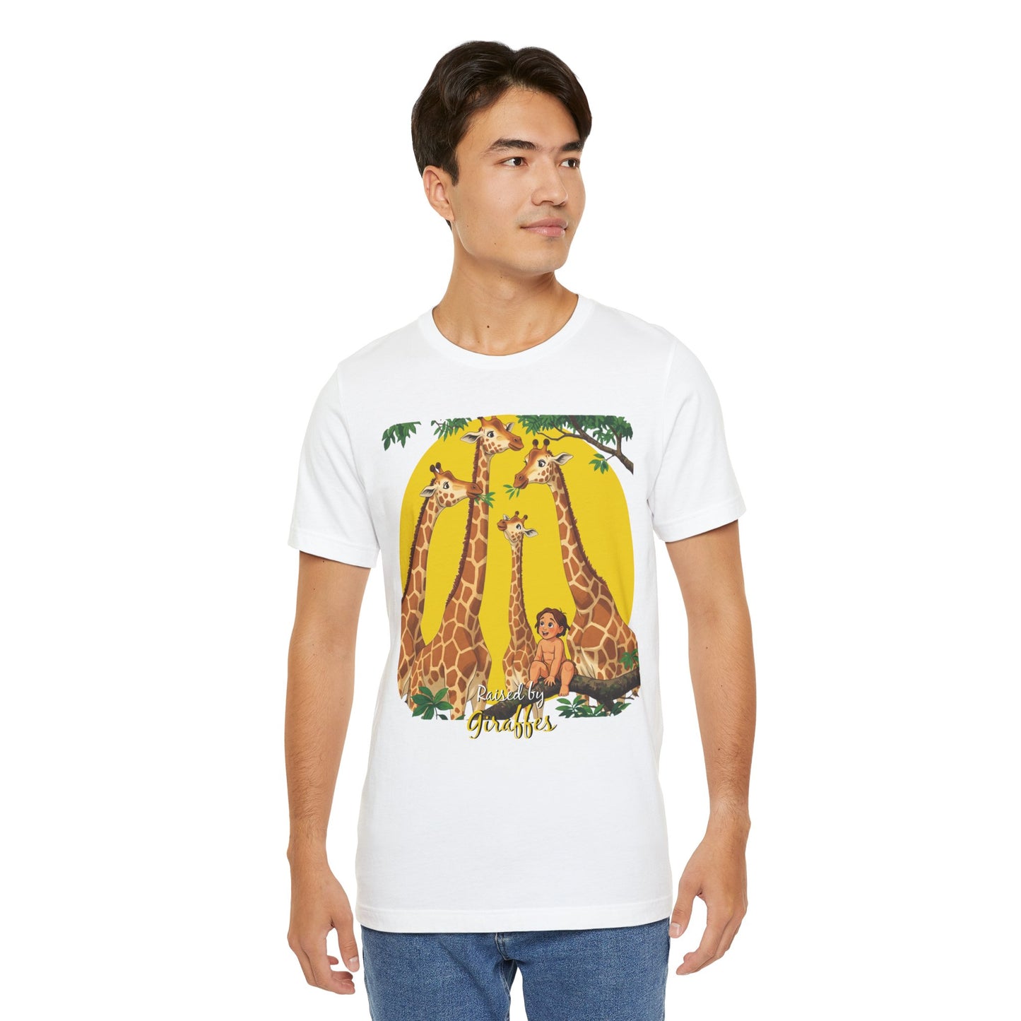 Hilarious Comical 'Raised By Giraffes' Unisex Short Sleeve Tee - Perfect for Animal Lovers (male character version) - Schmartypants