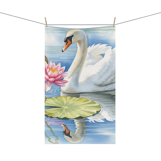 Swan Tea Towels, Elegant Kitchen Decor, Wedding Housewarming Gift, Cotton Poly Dish Towel, Swan Pond Waterlilies Design