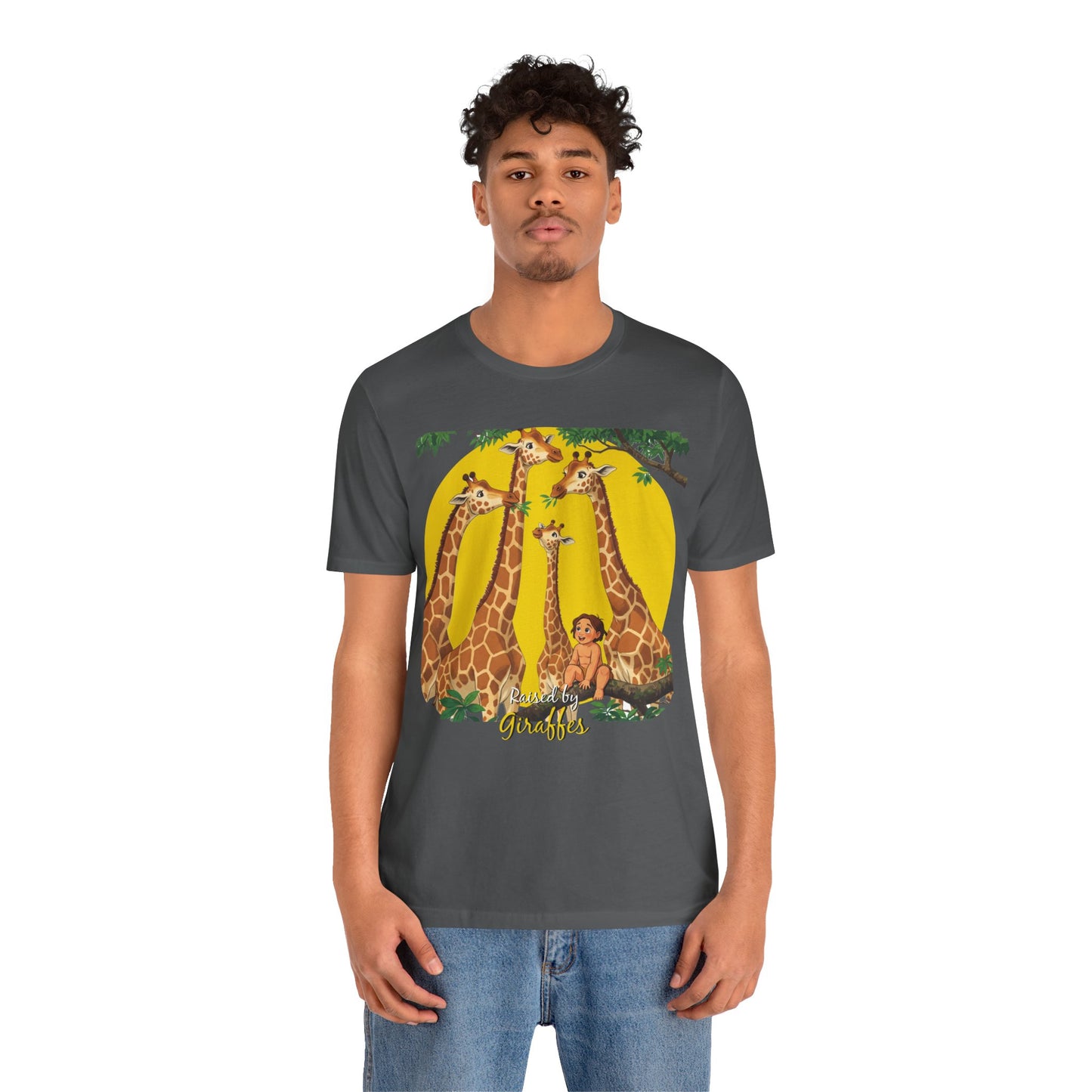 Hilarious Comical 'Raised By Giraffes' Unisex Short Sleeve Tee - Perfect for Animal Lovers (male character version) - Schmartypants
