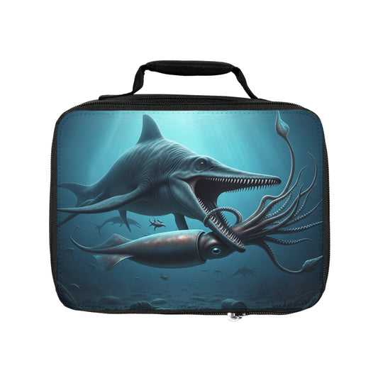 Jurassic Era Ichthyosaur Battling Giant Squid Ocean Adventure Insulated Lunch Bag, Kids Lunch Tote, Fun Back to School Accessory