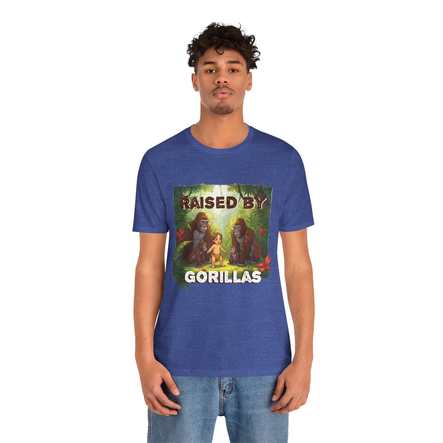 Hilarious 'Raised by Gorillas' Unisex T-Shirt - Funny Animal Lover Gift (male character version) - Schmartypants