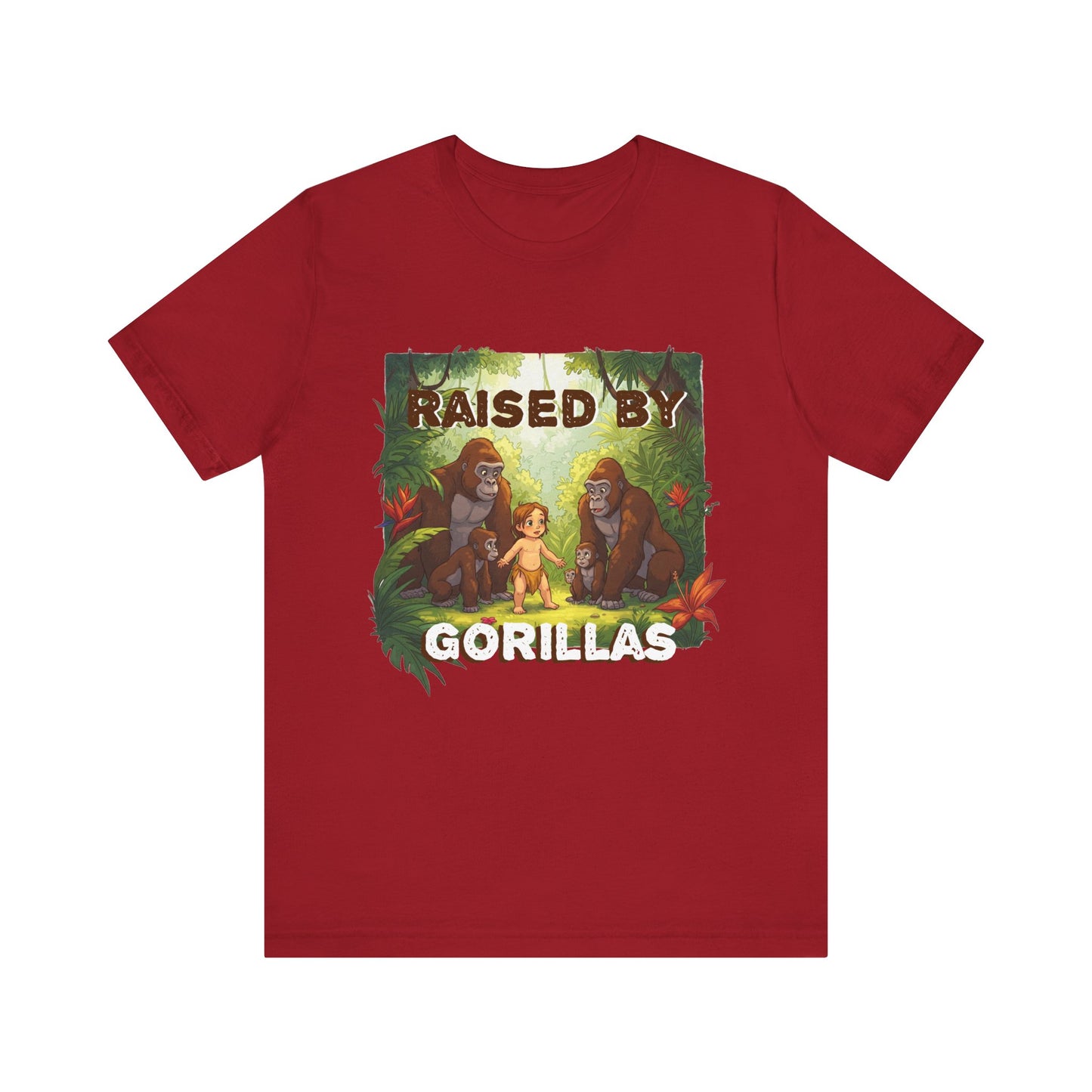 Hilarious 'Raised by Gorillas' Unisex T-Shirt - Funny Animal Lover Gift (male character version) - Schmartypants