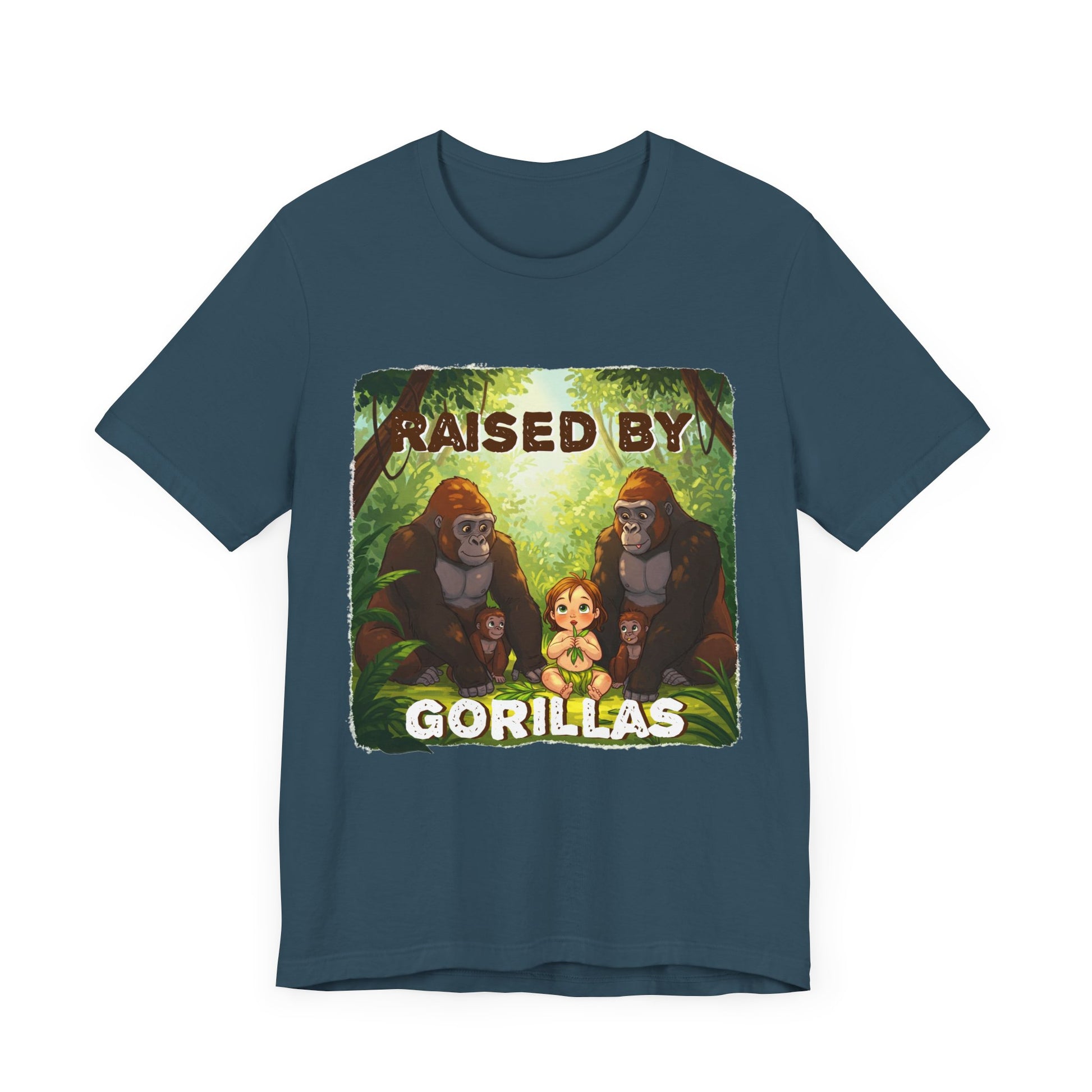Funny Gorilla Graphic Tee - 'Raised by Gorillas' Unisex Jersey Shirt (Female character version) - Schmartypants