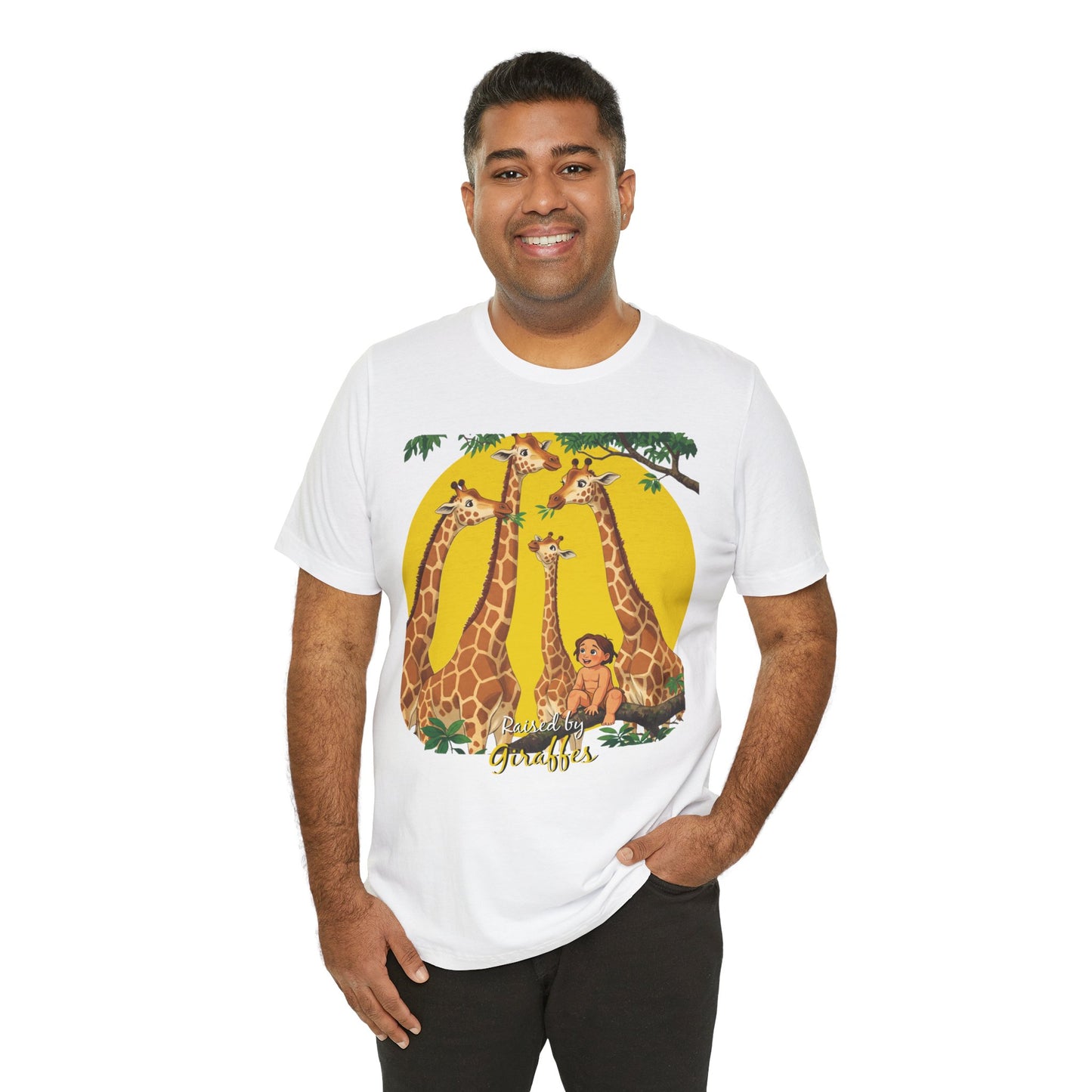 Hilarious Comical 'Raised By Giraffes' Unisex Short Sleeve Tee - Perfect for Animal Lovers (male character version) - Schmartypants
