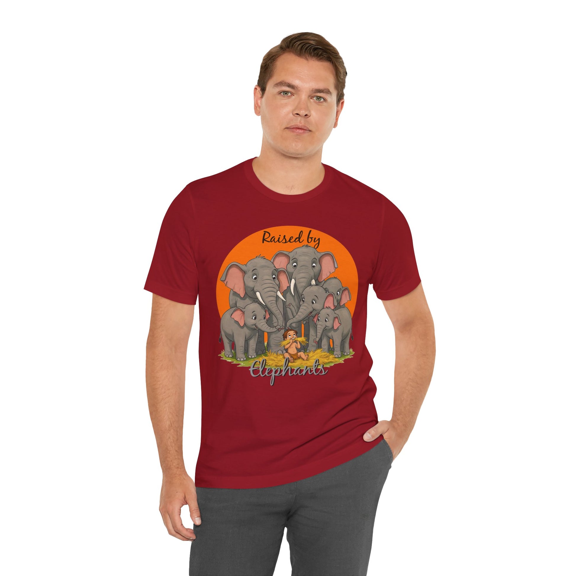 Elephant Lovers Tee - Funny 'Raised by Elephants' Unisex Jersey Short Sleeve Shirt - Wildlife and Nature Lovers Shirt (Male Character Version) - Schmartypants