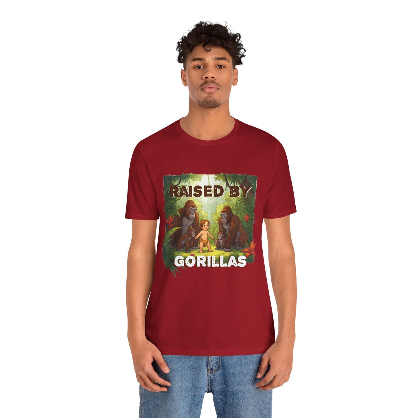 Hilarious 'Raised by Gorillas' Unisex T-Shirt - Funny Animal Lover Gift (male character version) - Schmartypants