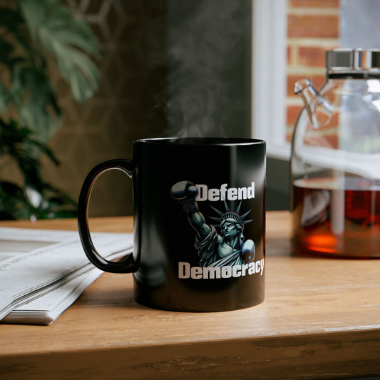 Defend Democracy Black Mug - Lady Liberty Ceramic Activist Coffee Tea Cup