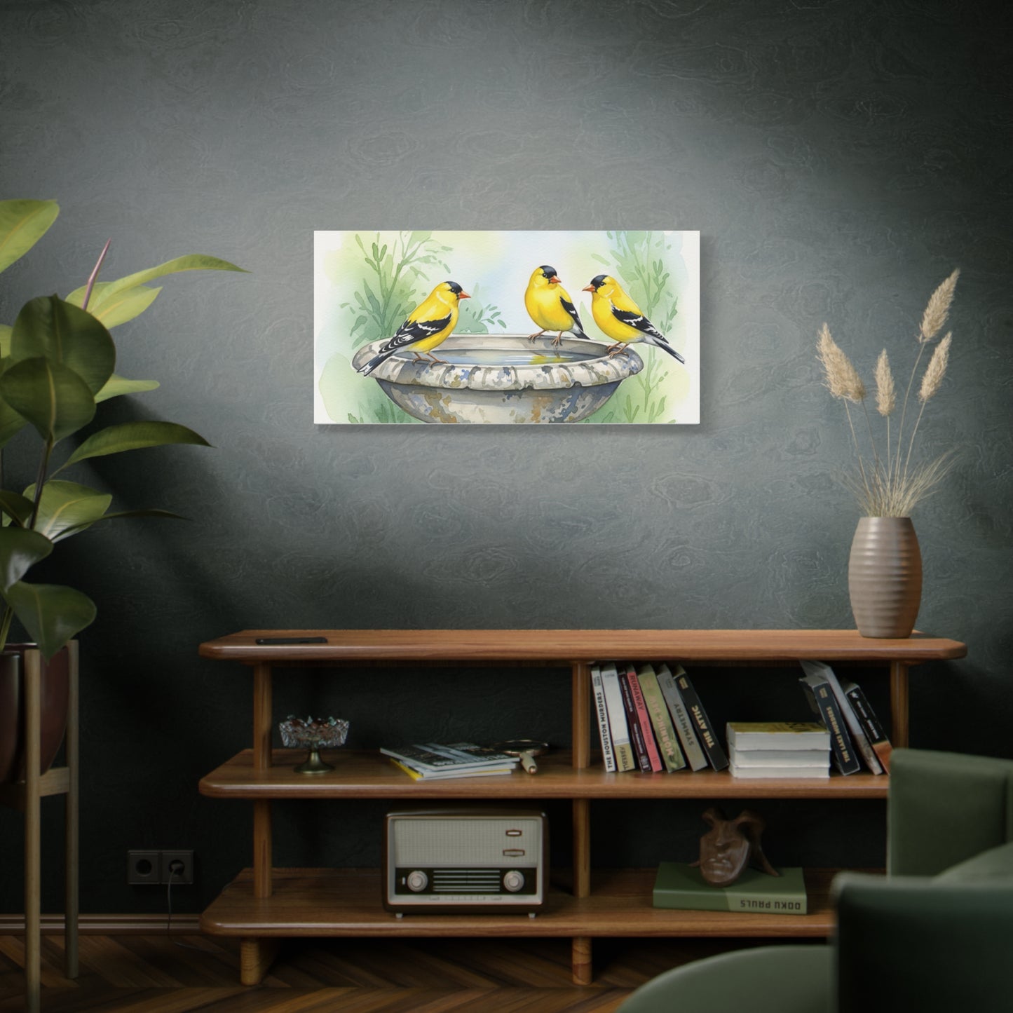 Goldfinches on Fountain Canvas Art, Nature Wall Decor, Yellow Finch Print, Home Decor, Gift for Bird Lovers, Spring Decoration