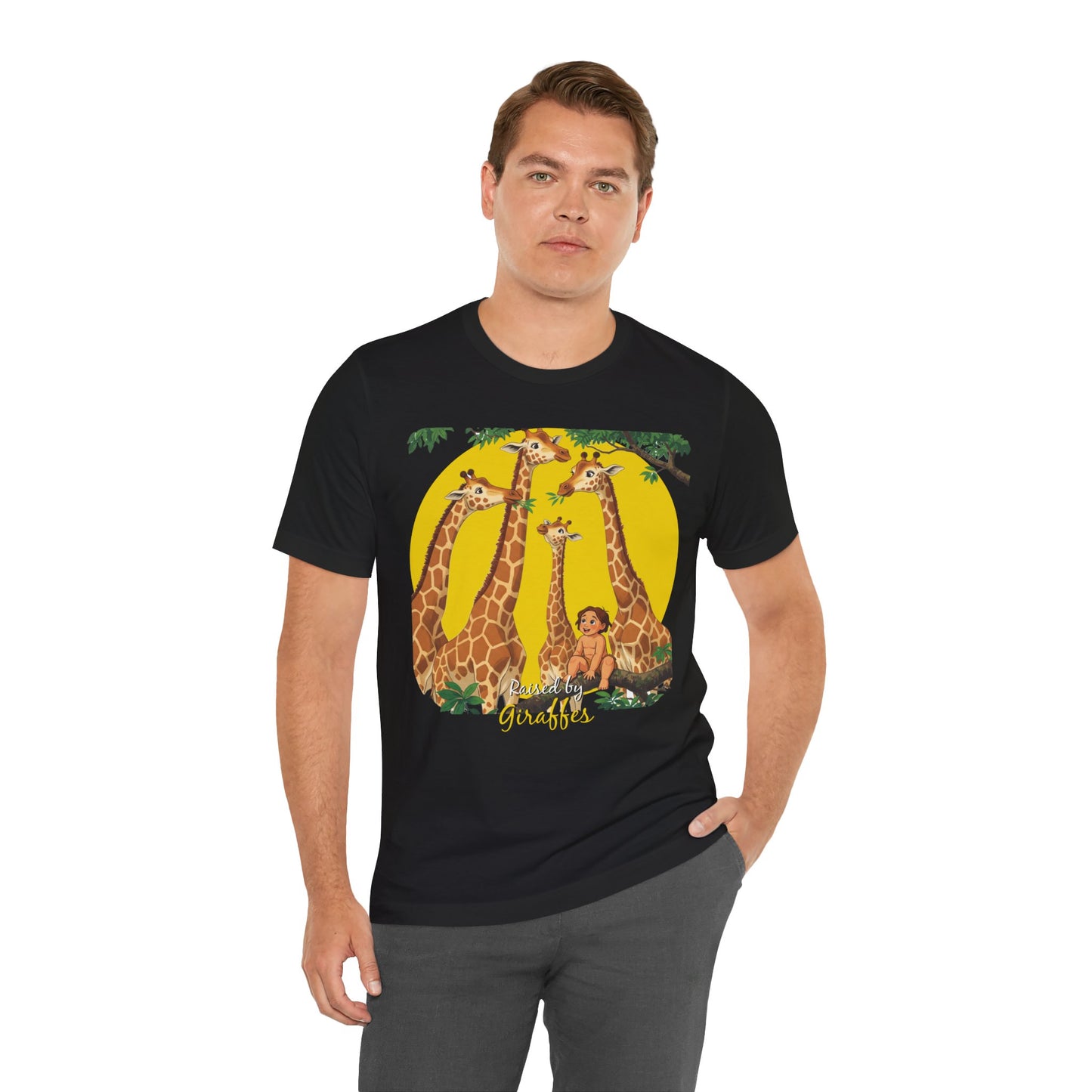 Hilarious Comical 'Raised By Giraffes' Unisex Short Sleeve Tee - Perfect for Animal Lovers (male character version) - Schmartypants