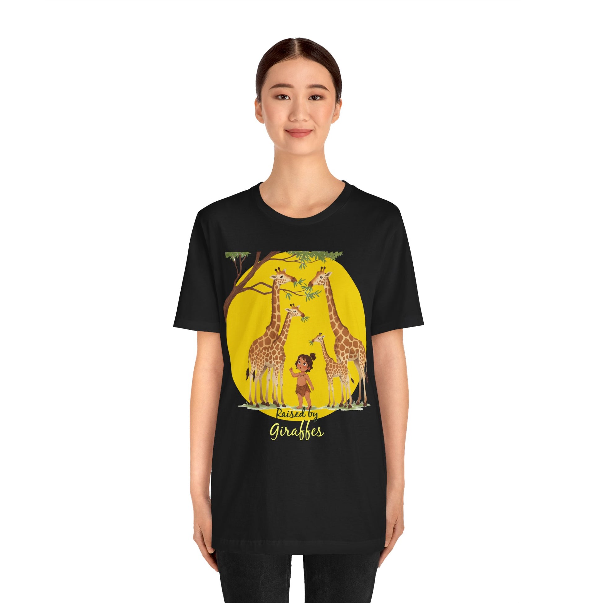 Raised by Giraffes Unisex T-Shirt - Funny Animal Lover Tee - Giraffe Lovers, Wildlife Enthusiasts (Female Character) - Schmartypants