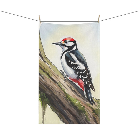 Woodpecker Tea Towel - Cotton Kitchen Towel, Housewarming Gift, Watercolor Design, Wedding Present, Bird Lover Home Decor