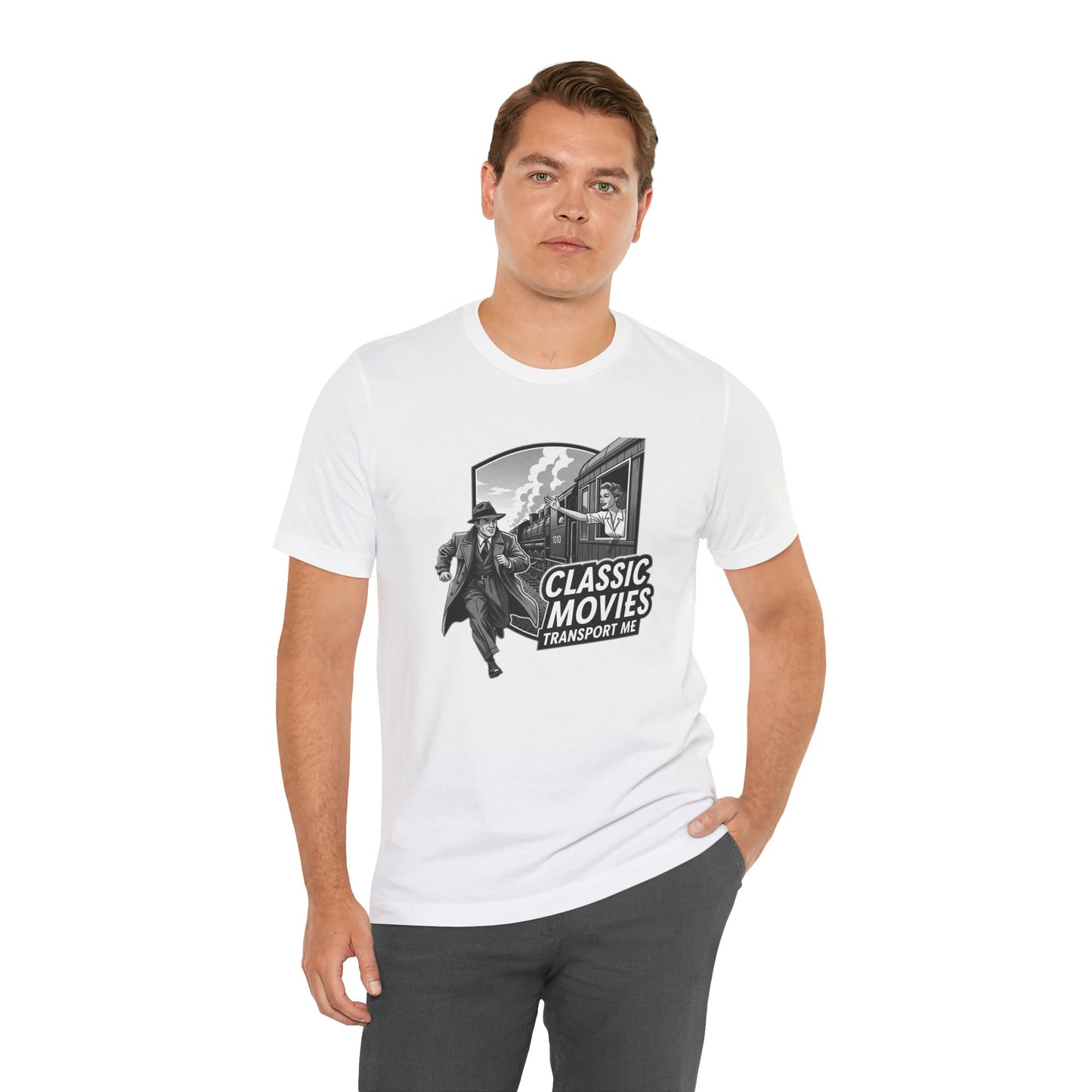 Classic Movies Transport Me Unisex Tee, Vintage Movie Lover Shirt, Locomotive T-Shirt, Film Buff Gift, Nostalgic Film Apparel