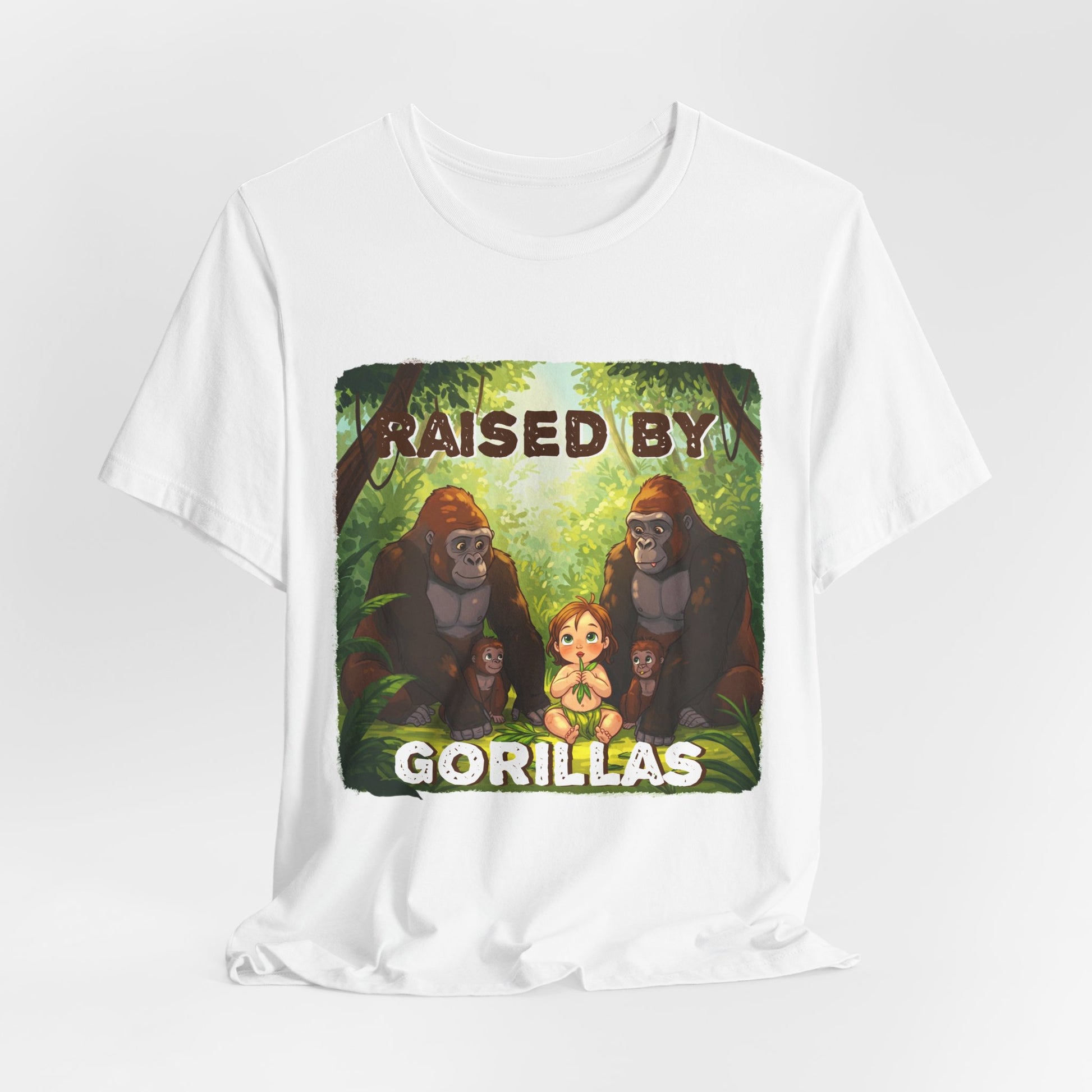 Funny Gorilla Graphic Tee - 'Raised by Gorillas' Unisex Jersey Shirt (Female character version) - Schmartypants