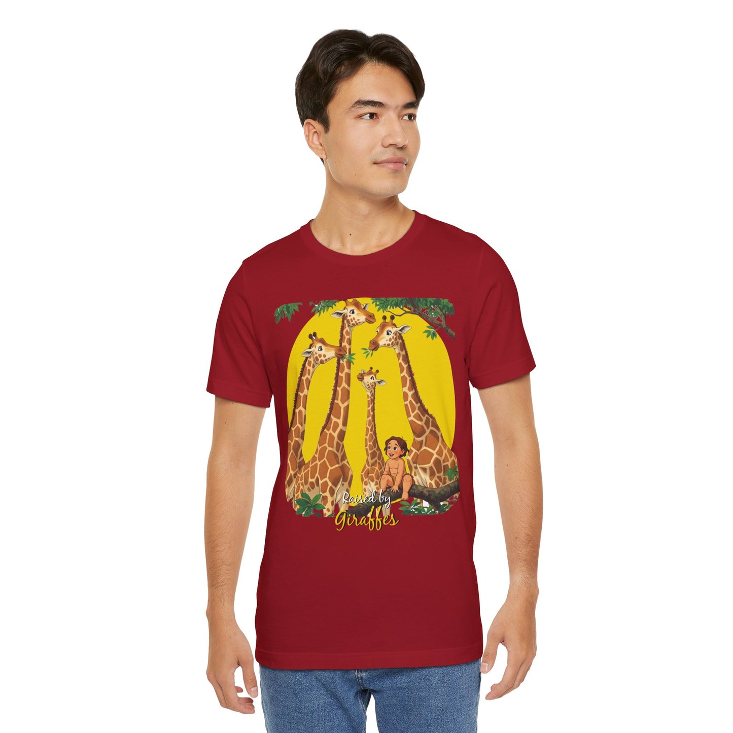 Hilarious Comical 'Raised By Giraffes' Unisex Short Sleeve Tee - Perfect for Animal Lovers (male character version) - Schmartypants