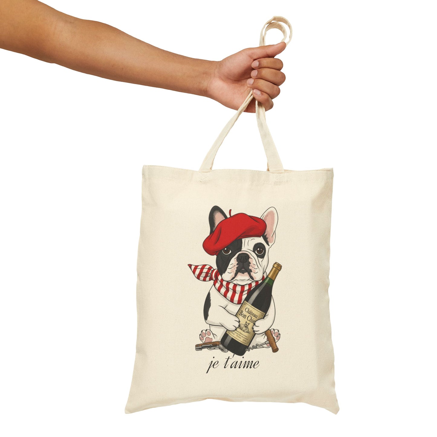 Chic French Bulldog 'je t'aime' Canvas Tote Bag - Eco-Friendly Shopping, Gift for Dog Lovers, Cute Beach Bag, Pet Owner Accessory