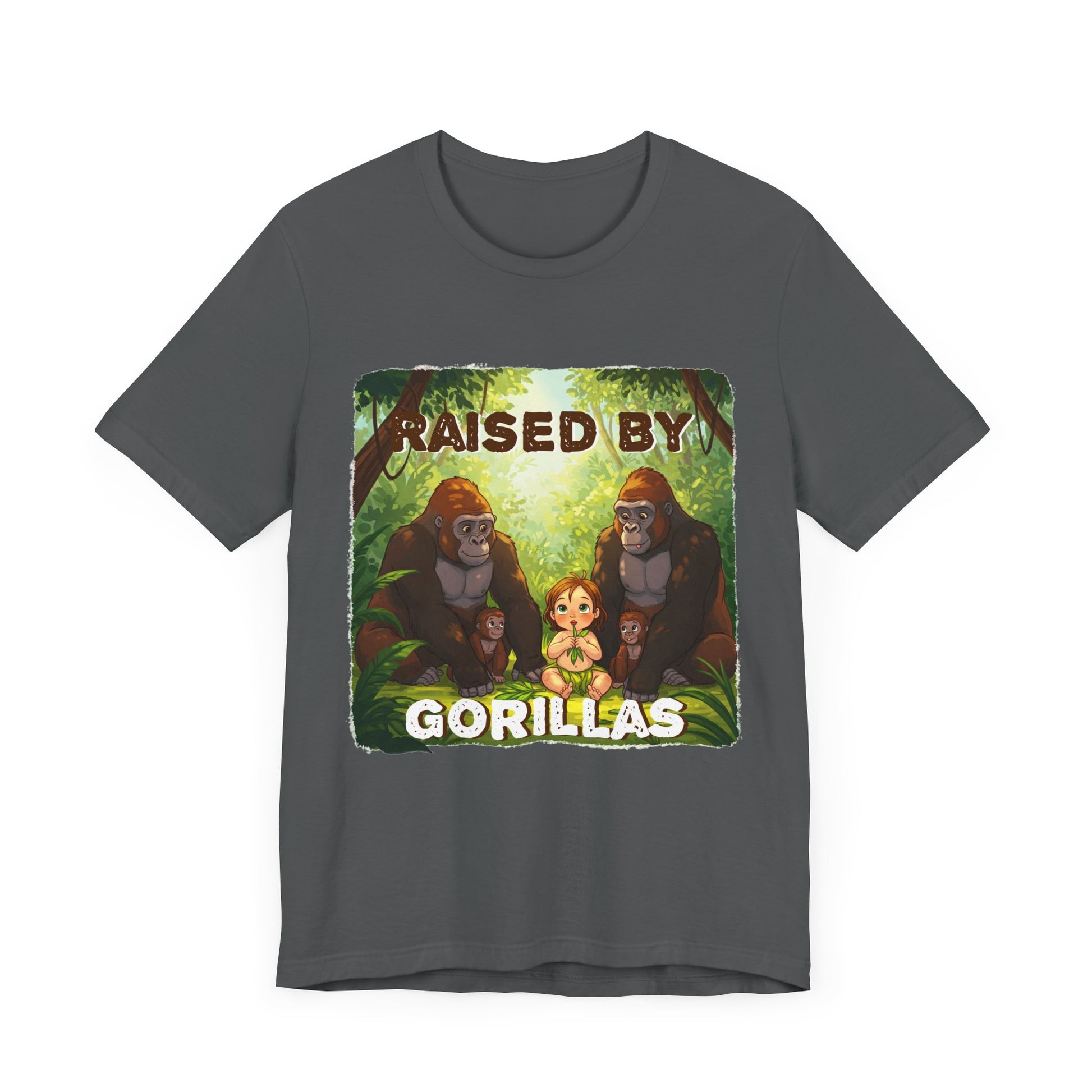 Funny Gorilla Graphic Tee - 'Raised by Gorillas' Unisex Jersey Shirt (Female character version) - Schmartypants