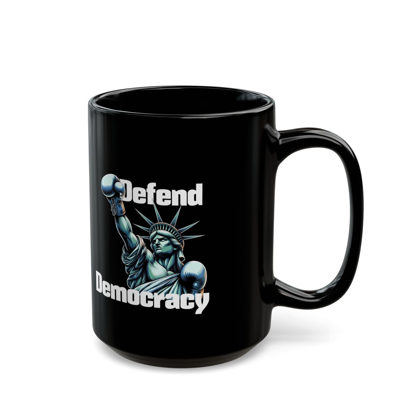 Defend Democracy Black Mug - Lady Liberty Ceramic Activist Coffee Tea Cup