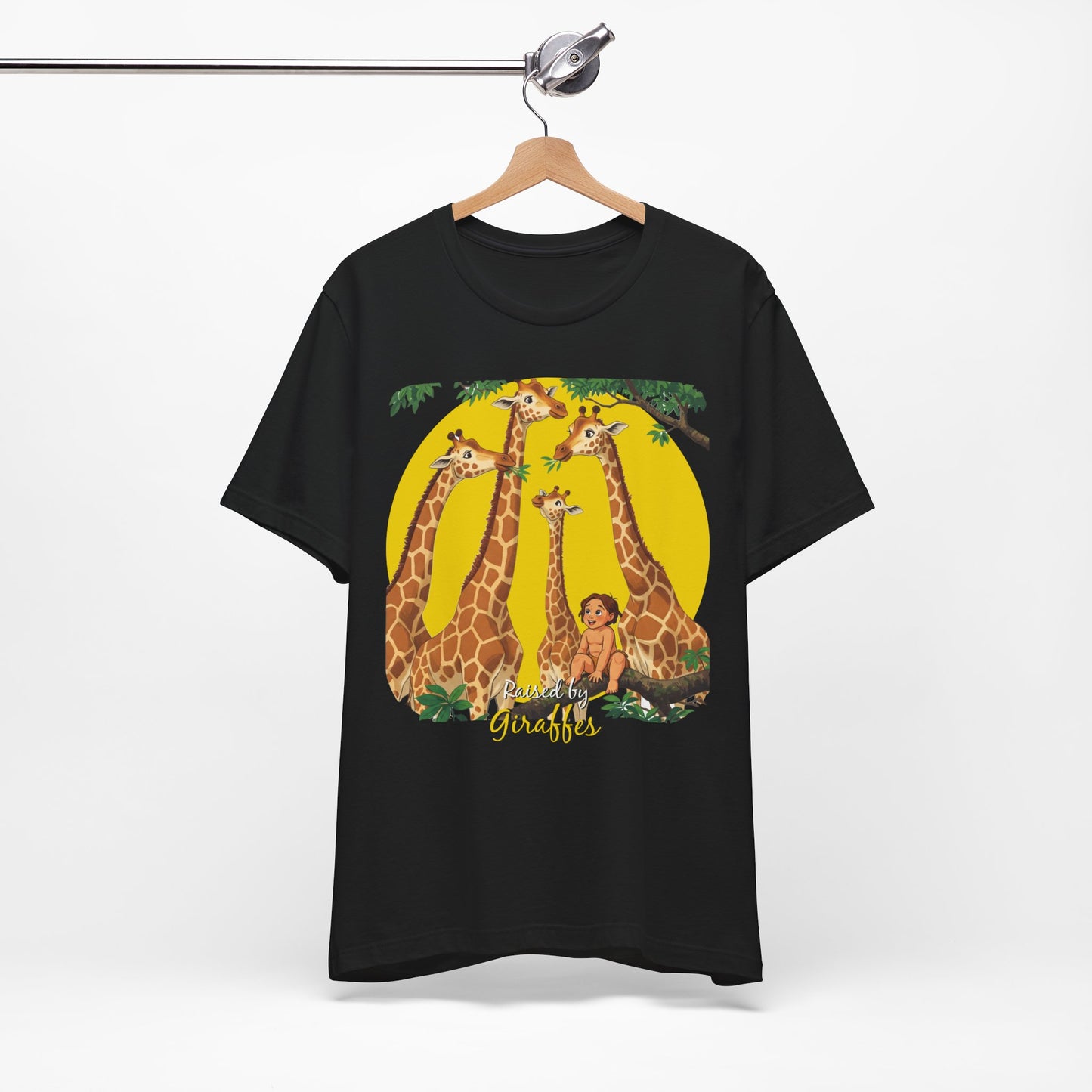 Hilarious Comical 'Raised By Giraffes' Unisex Short Sleeve Tee - Perfect for Animal Lovers (male character version) - Schmartypants