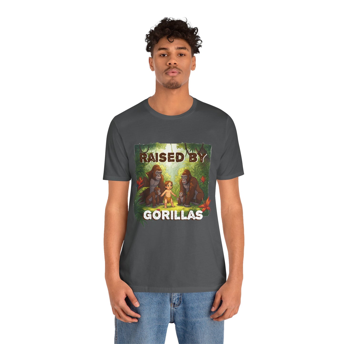 Hilarious 'Raised by Gorillas' Unisex T-Shirt - Funny Animal Lover Gift (male character version) - Schmartypants