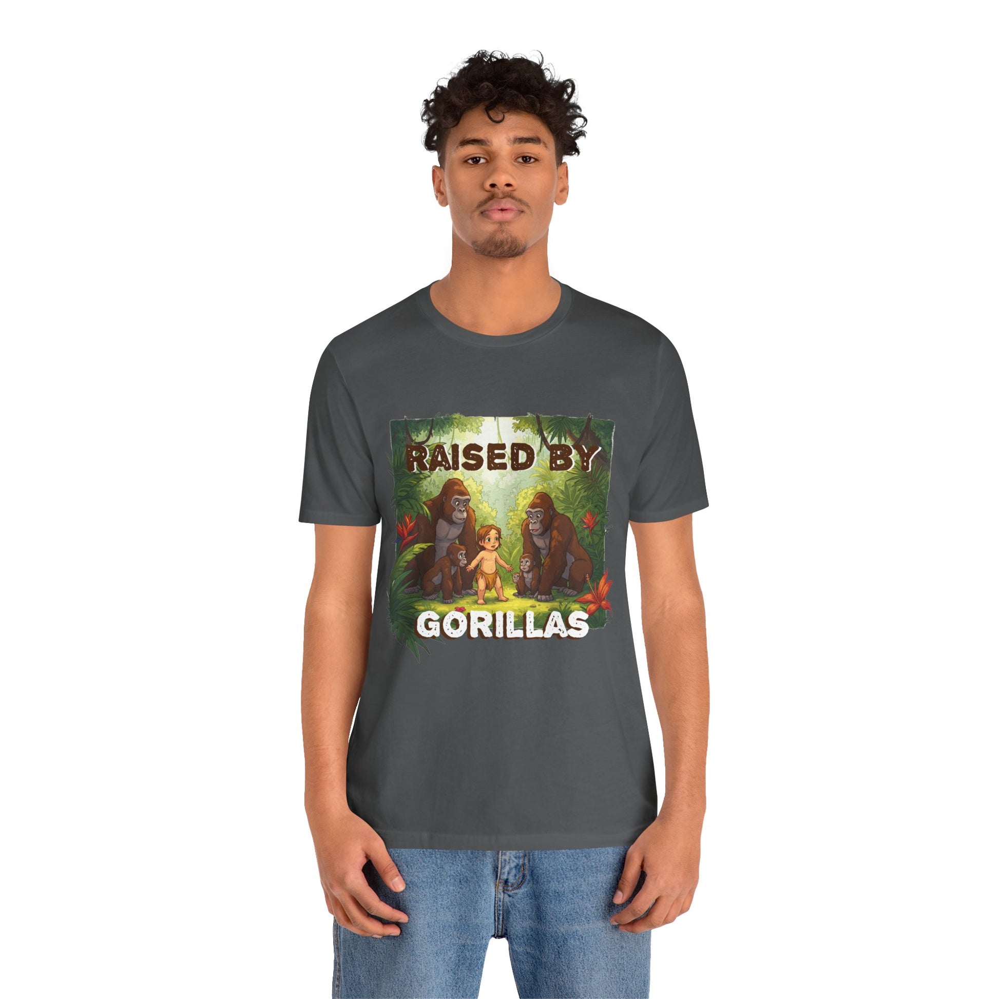 Hilarious 'Raised by Gorillas' Unisex T-Shirt - Funny Animal Lover Gift (male character version) - Schmartypants