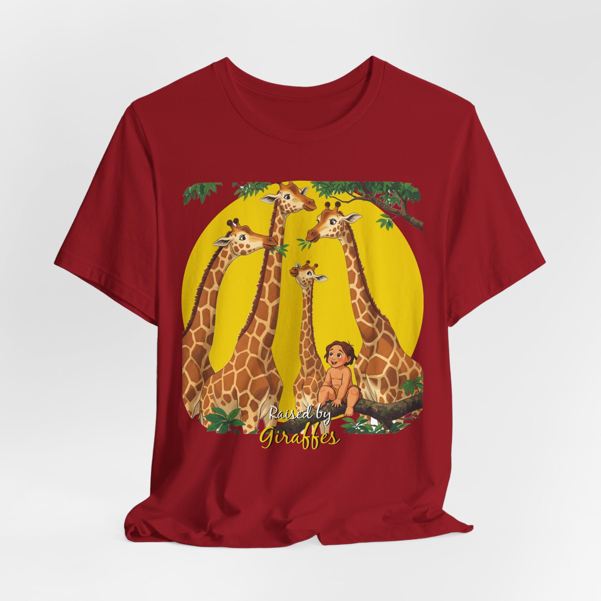 Hilarious Comical 'Raised By Giraffes' Unisex Short Sleeve Tee - Perfect for Animal Lovers (male character version) - Schmartypants