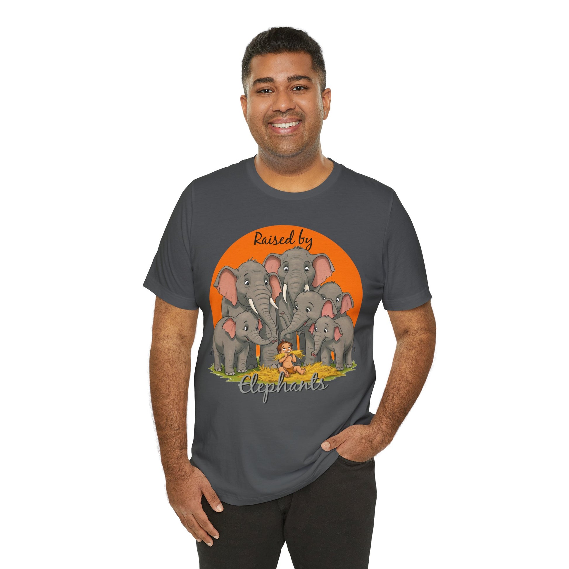 Elephant Lovers Tee - Funny 'Raised by Elephants' Unisex Jersey Short Sleeve Shirt - Wildlife and Nature Lovers Shirt (Male Character Version) - Schmartypants