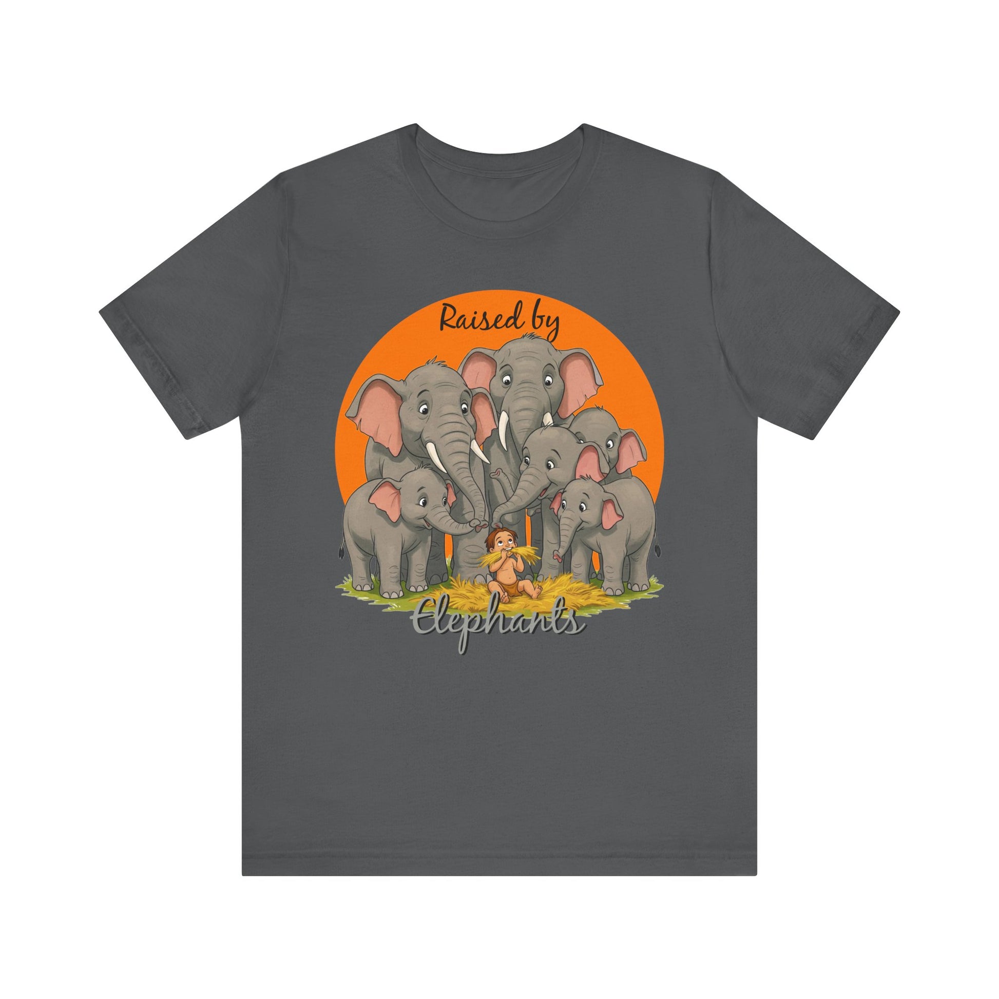 Elephant Lovers Tee - Funny 'Raised by Elephants' Unisex Jersey Short Sleeve Shirt - Wildlife and Nature Lovers Shirt (Male Character Version) - Schmartypants