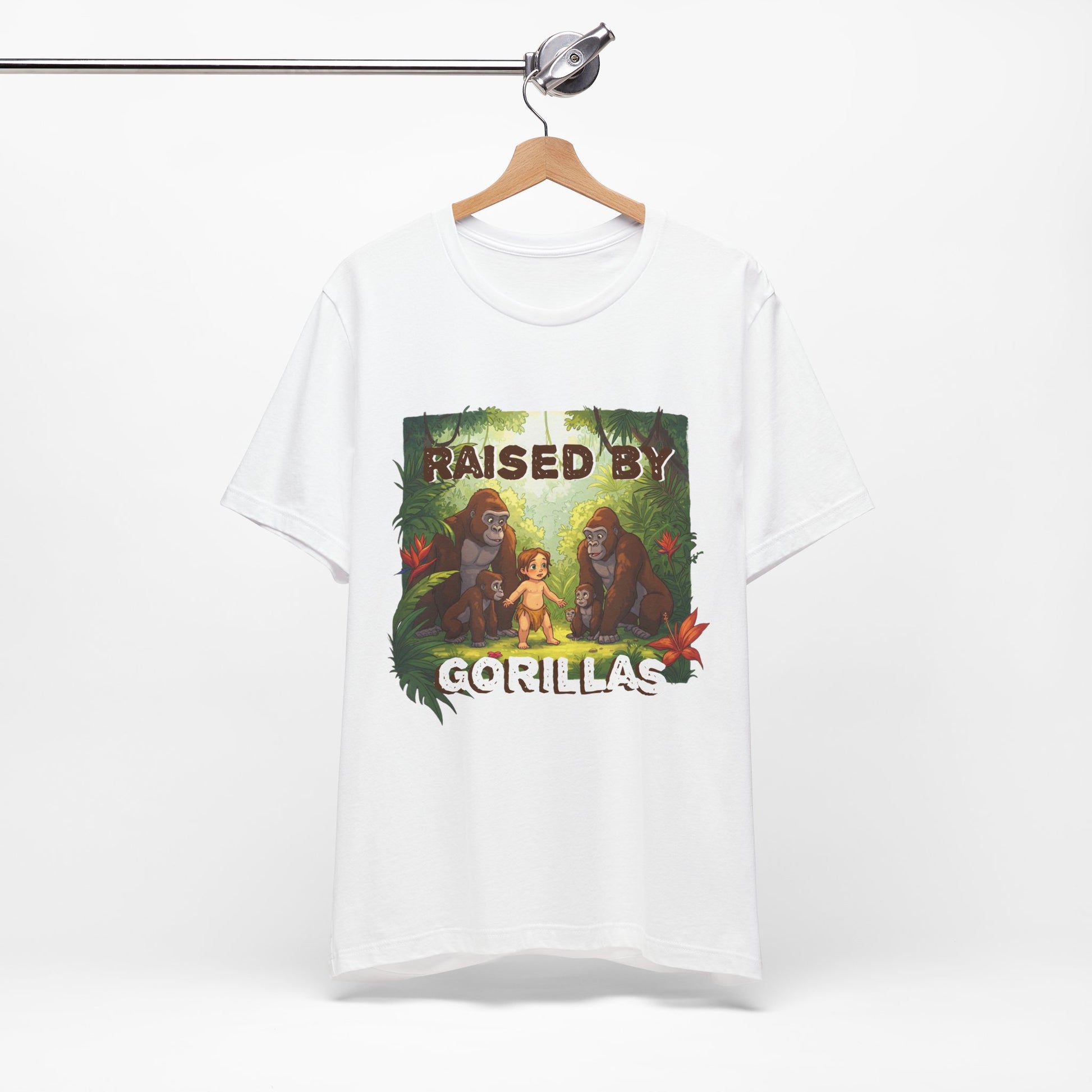 Hilarious 'Raised by Gorillas' Unisex T-Shirt - Funny Animal Lover Gift (male character version) - Schmartypants