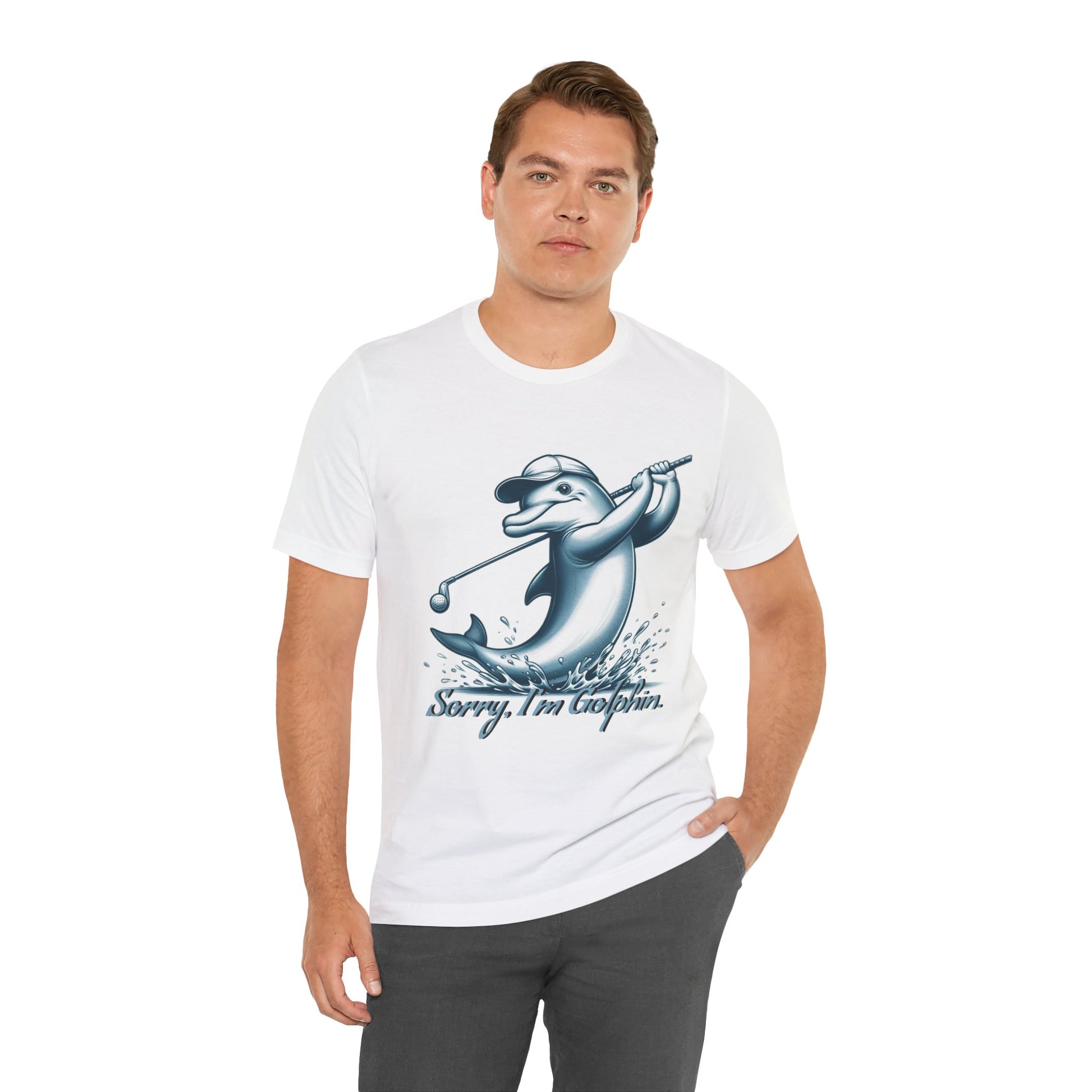Funny Dolphin Golfing Tee - "Sorry, I’m Golphin" Unisex Jersey Short Sleeve Shirt - Dad Joke and Golfers Gift - Schmartypants