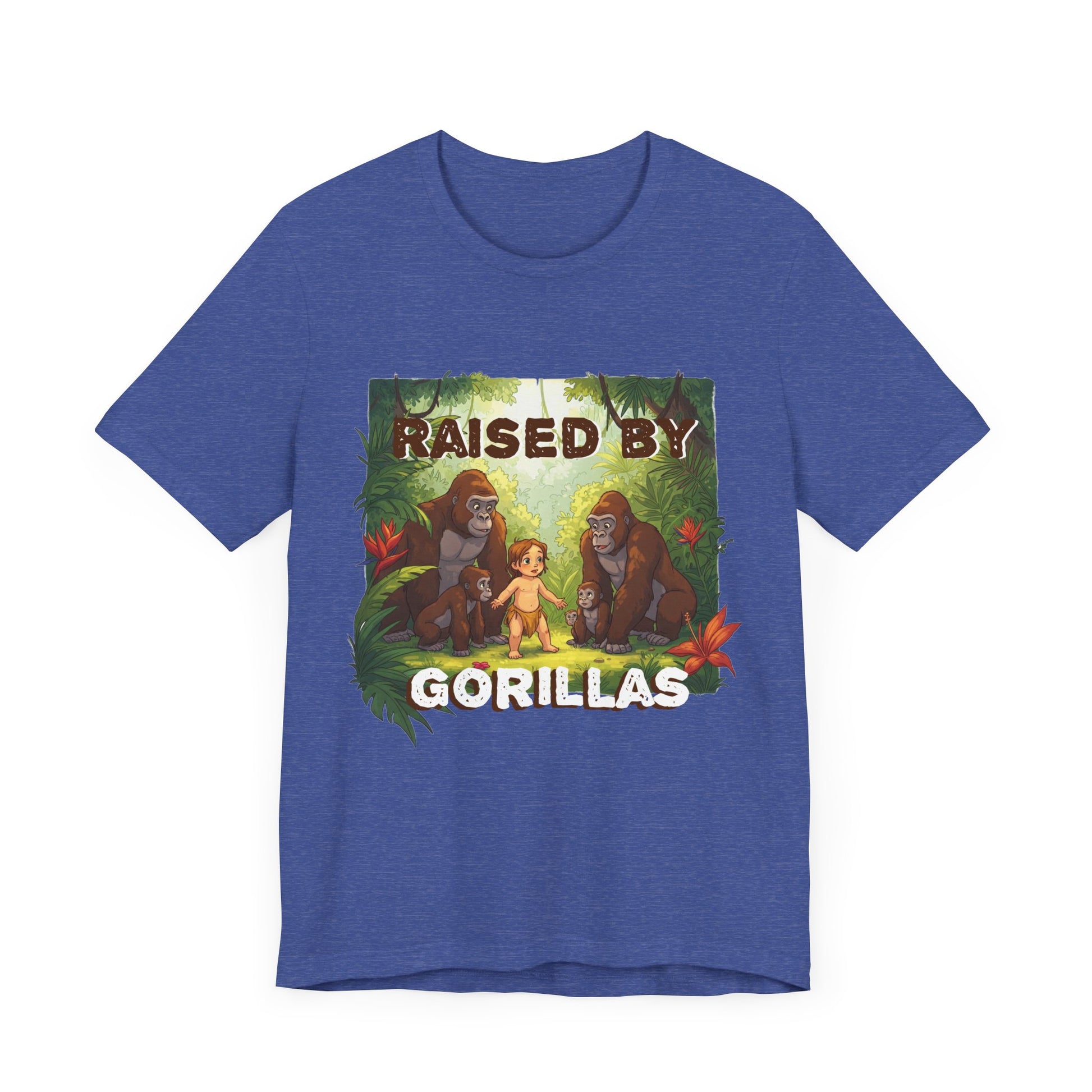 Hilarious 'Raised by Gorillas' Unisex T-Shirt - Funny Animal Lover Gift (male character version) - Schmartypants