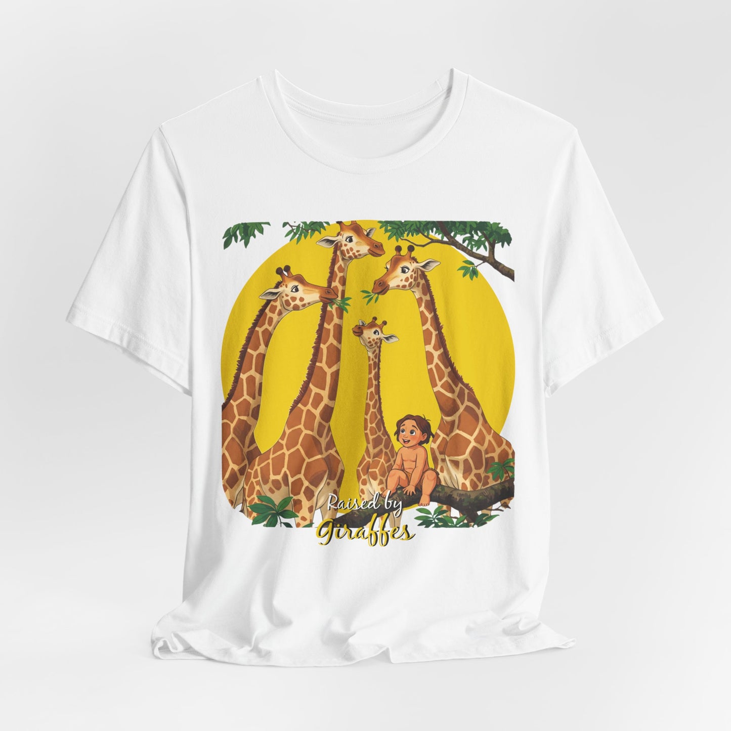 Hilarious Comical 'Raised By Giraffes' Unisex Short Sleeve Tee - Perfect for Animal Lovers (male character version) - Schmartypants