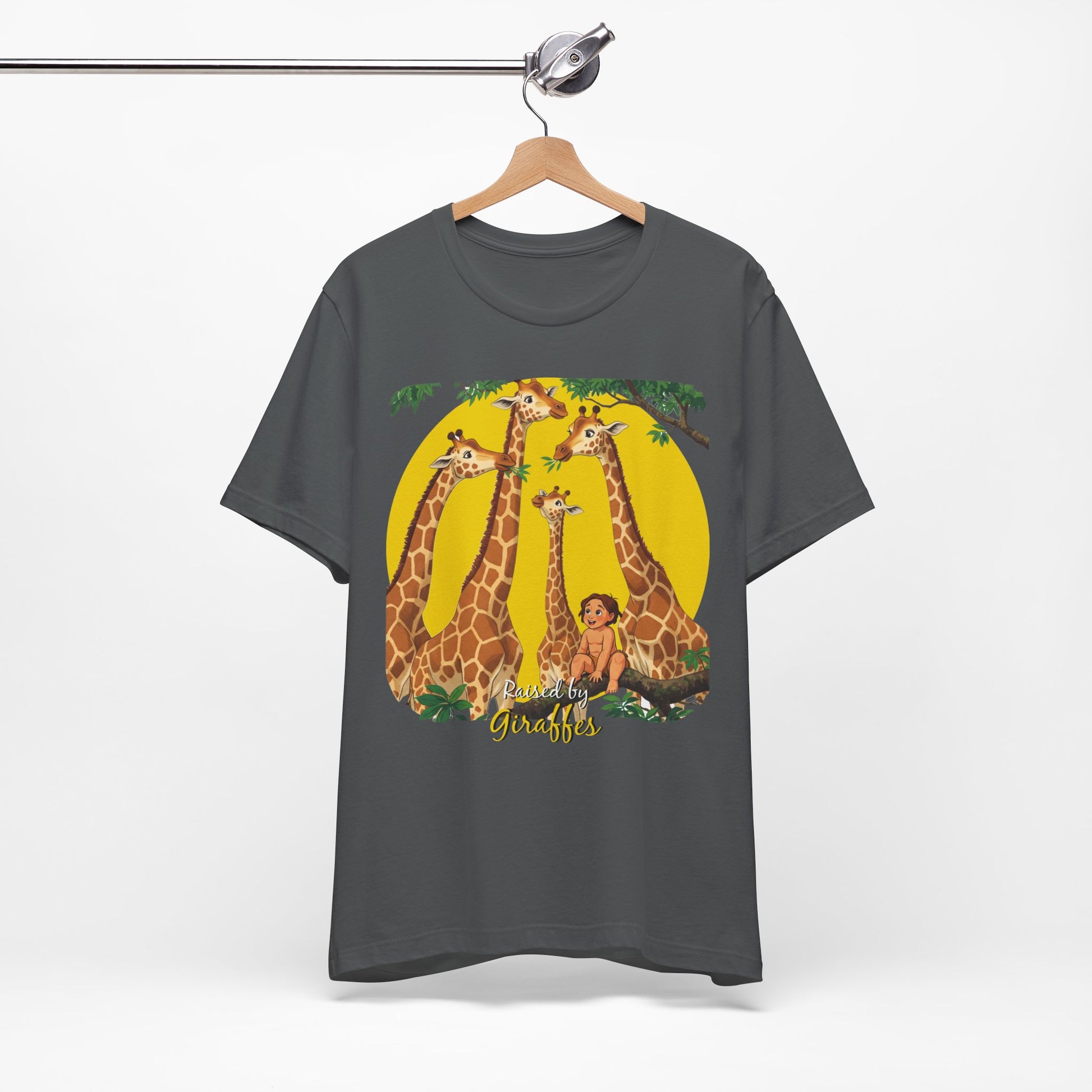 Hilarious Comical 'Raised By Giraffes' Unisex Short Sleeve Tee - Perfect for Animal Lovers (male character version) - Schmartypants