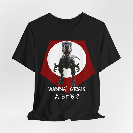 Funny Dinosaur Velociraptor 'Grab a Bite' Graphic Tee - Perfect for Casual Wear, Birthday Gifts, Jurassic Theme Parties, Chefs