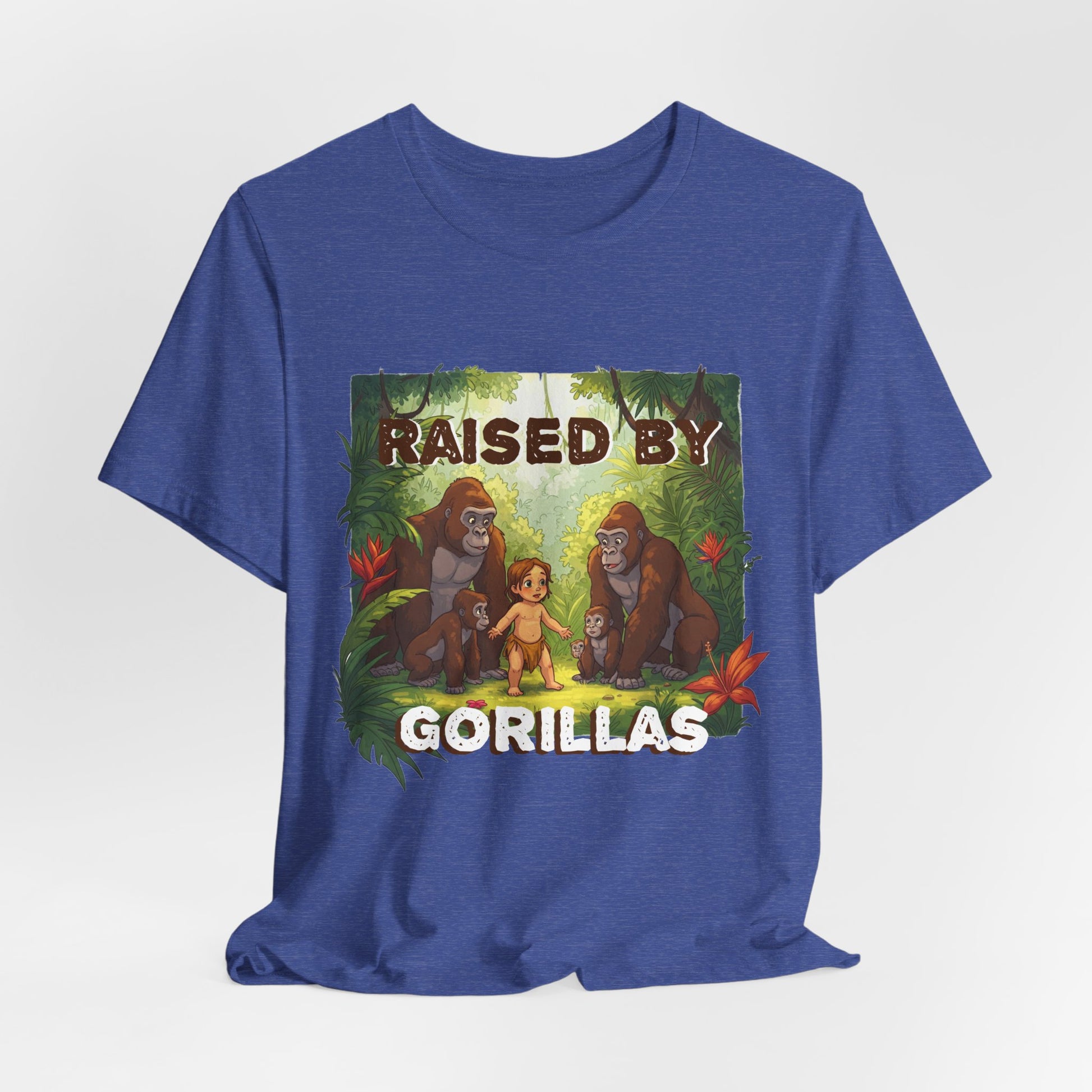 Hilarious 'Raised by Gorillas' Unisex T-Shirt - Funny Animal Lover Gift (male character version) - Schmartypants