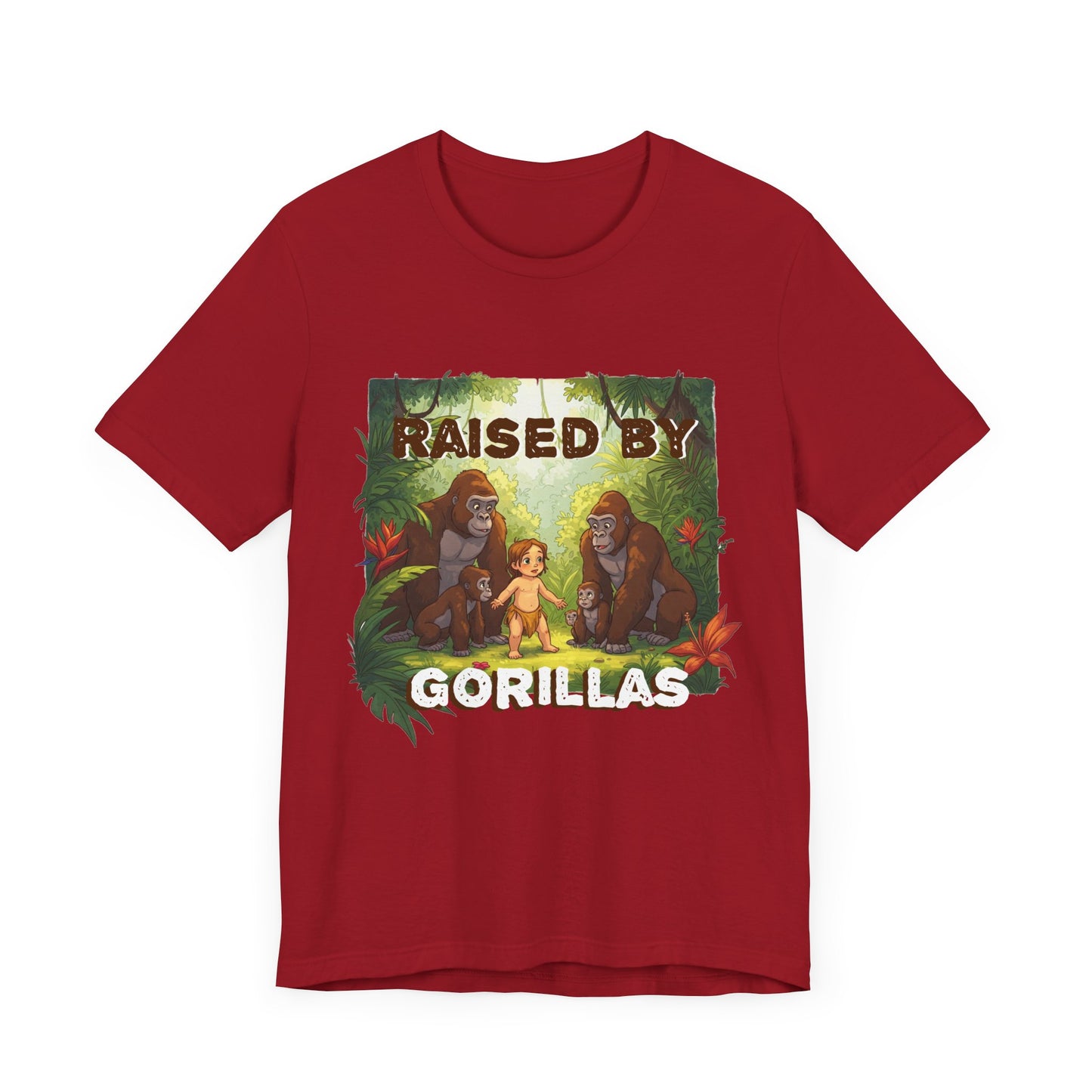 Hilarious 'Raised by Gorillas' Unisex T-Shirt - Funny Animal Lover Gift (male character version) - Schmartypants
