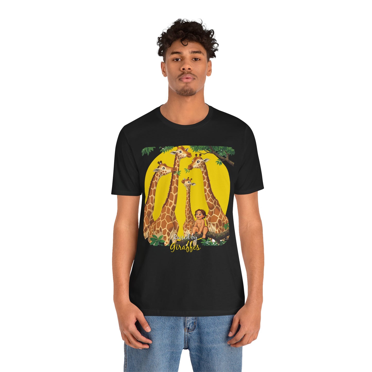 Hilarious Comical 'Raised By Giraffes' Unisex Short Sleeve Tee - Perfect for Animal Lovers (male character version) - Schmartypants